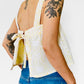 Upcycled Made-By-Me Vintage 60s Yellow and White Lace Lined Handmade Tied-Back Crop Tablecloth Top