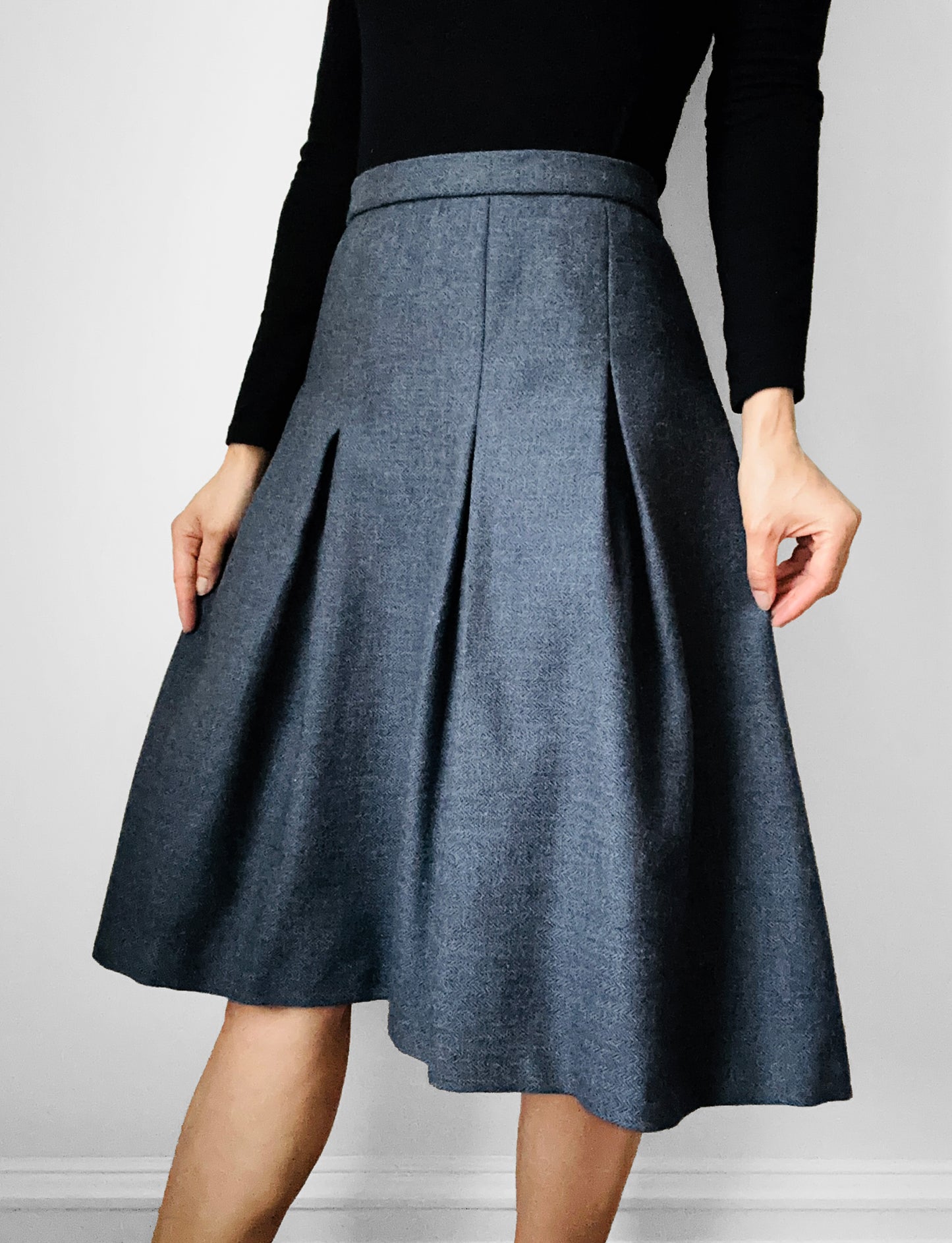 1960s Slate Blue Grey Inverted Pleat Fit and Flare Wool Lined Skirt - XL/XXL