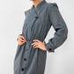 1980s Made in Canada Grey White Pinstripe Button-Front Cotton-Blend Pleated-Shoulder Dress