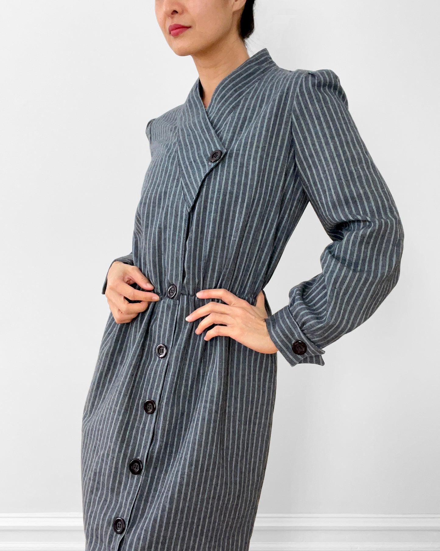 1980s Made in Canada Grey White Pinstripe Button-Front Cotton-Blend Pleated-Shoulder Dress