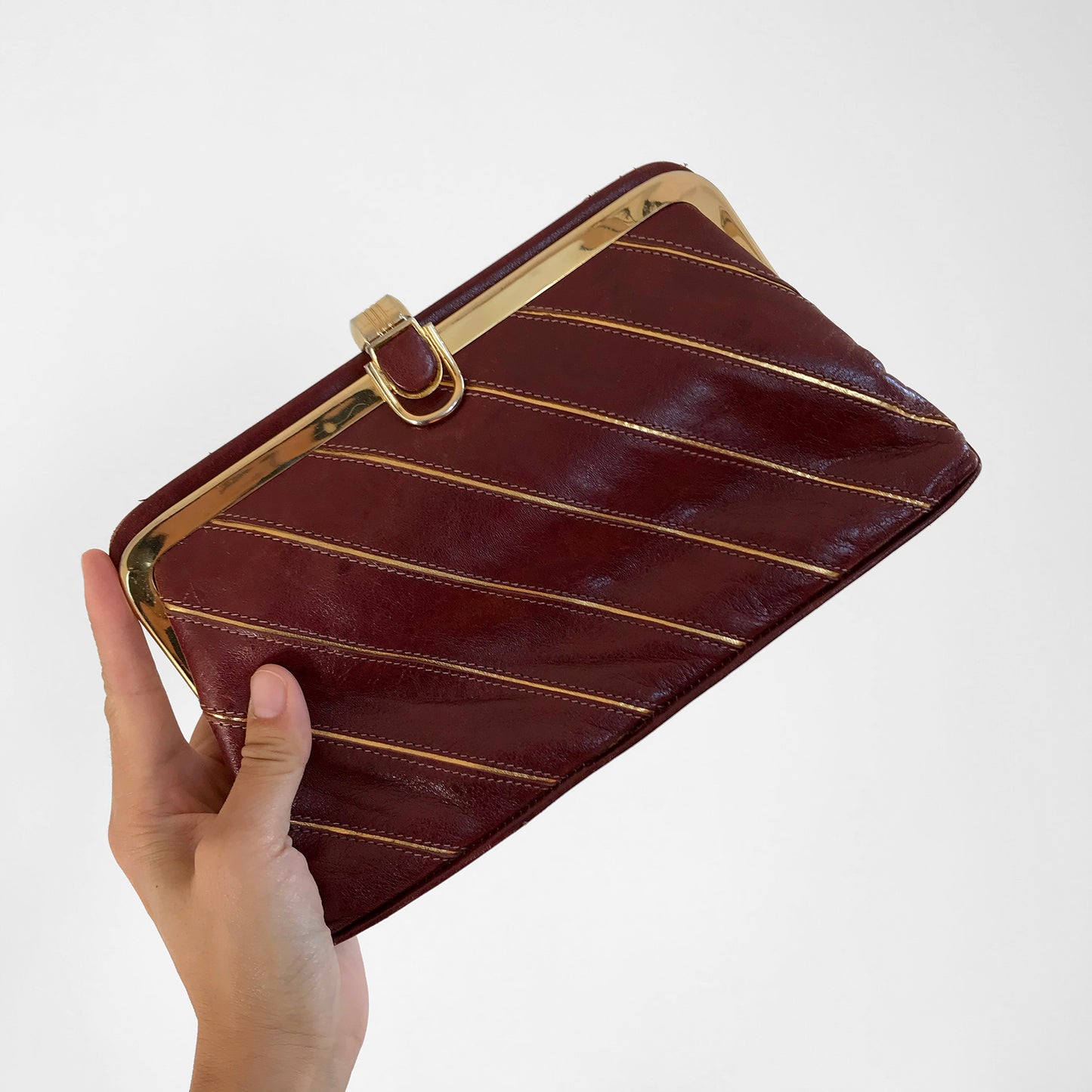 1970s Burgundy and Gold Striped Leather Wallet Clutch