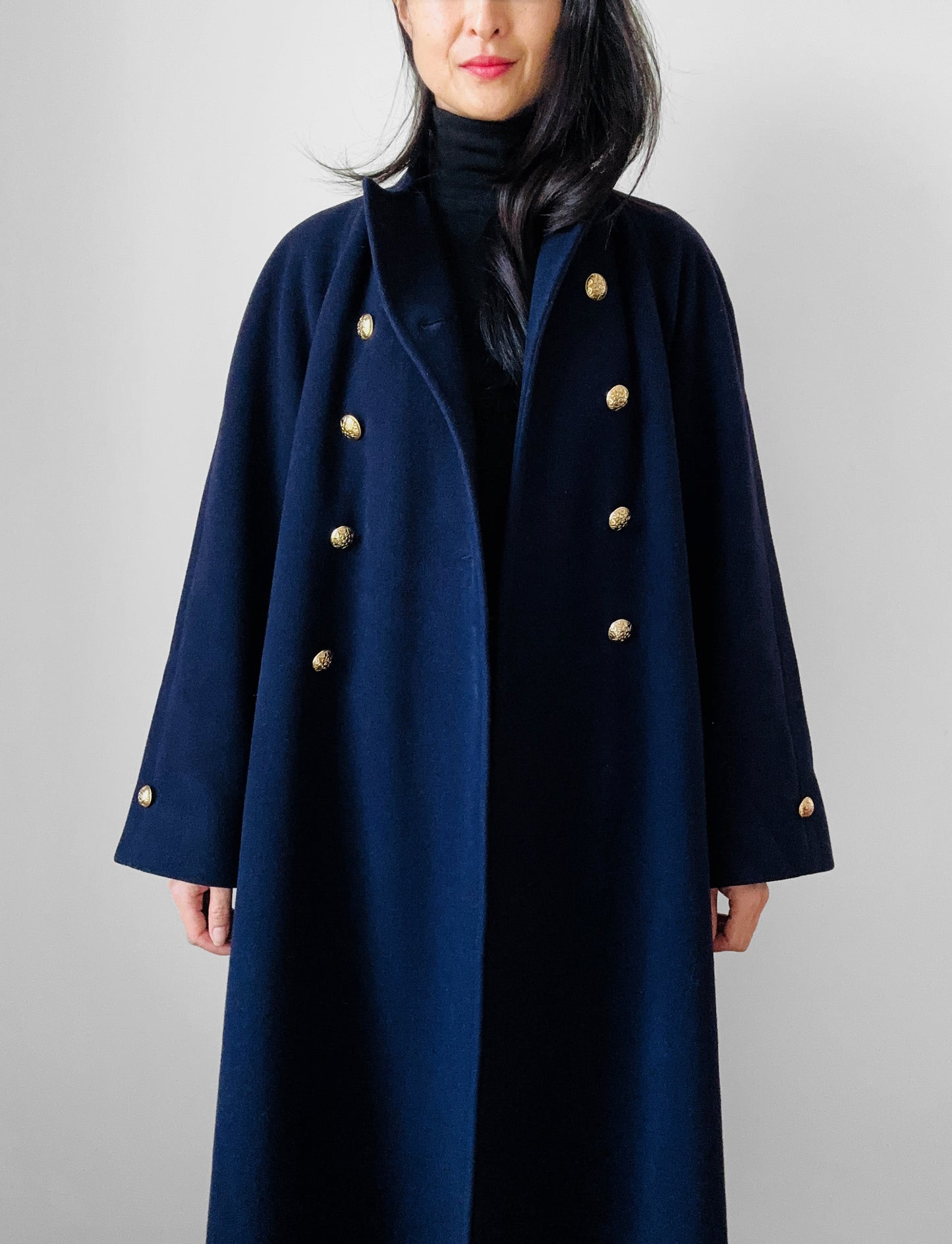 1960s Navy Blue Naval Military Style Double-Breasted Wool Coat - S/M