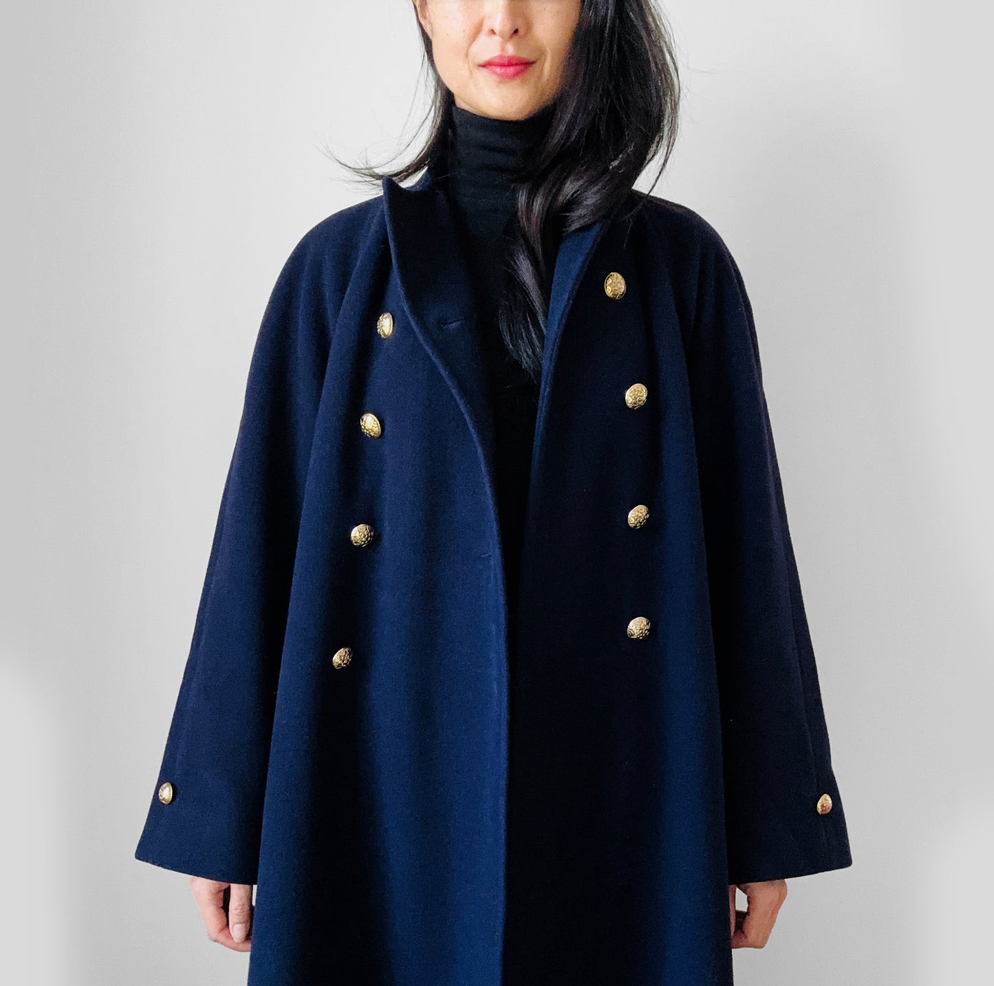 1960s Navy Blue Naval Military Style Double-Breasted Wool Coat - S/M