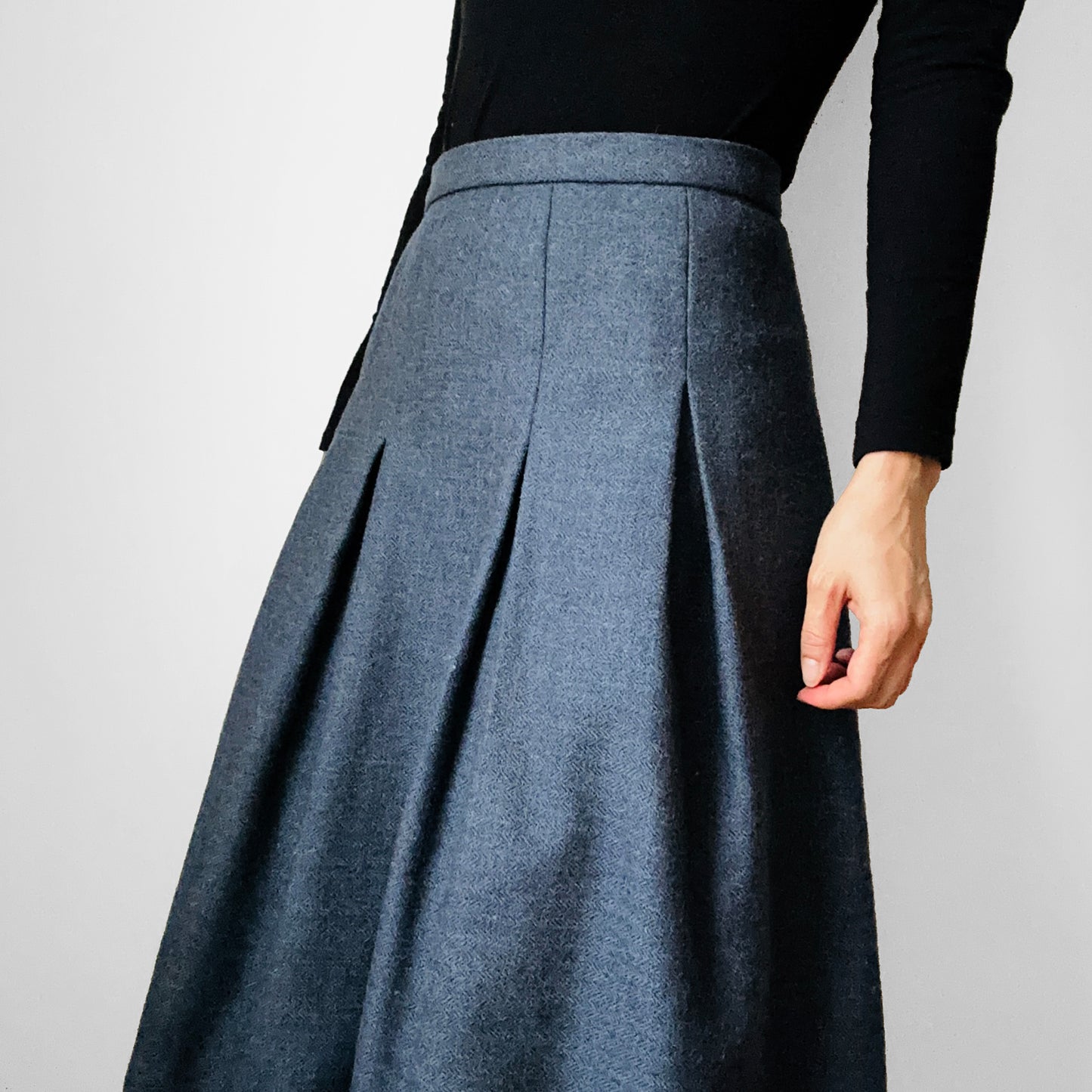 1960s Slate Blue Grey Inverted Pleat Fit and Flare Wool Lined Skirt - XL/XXL