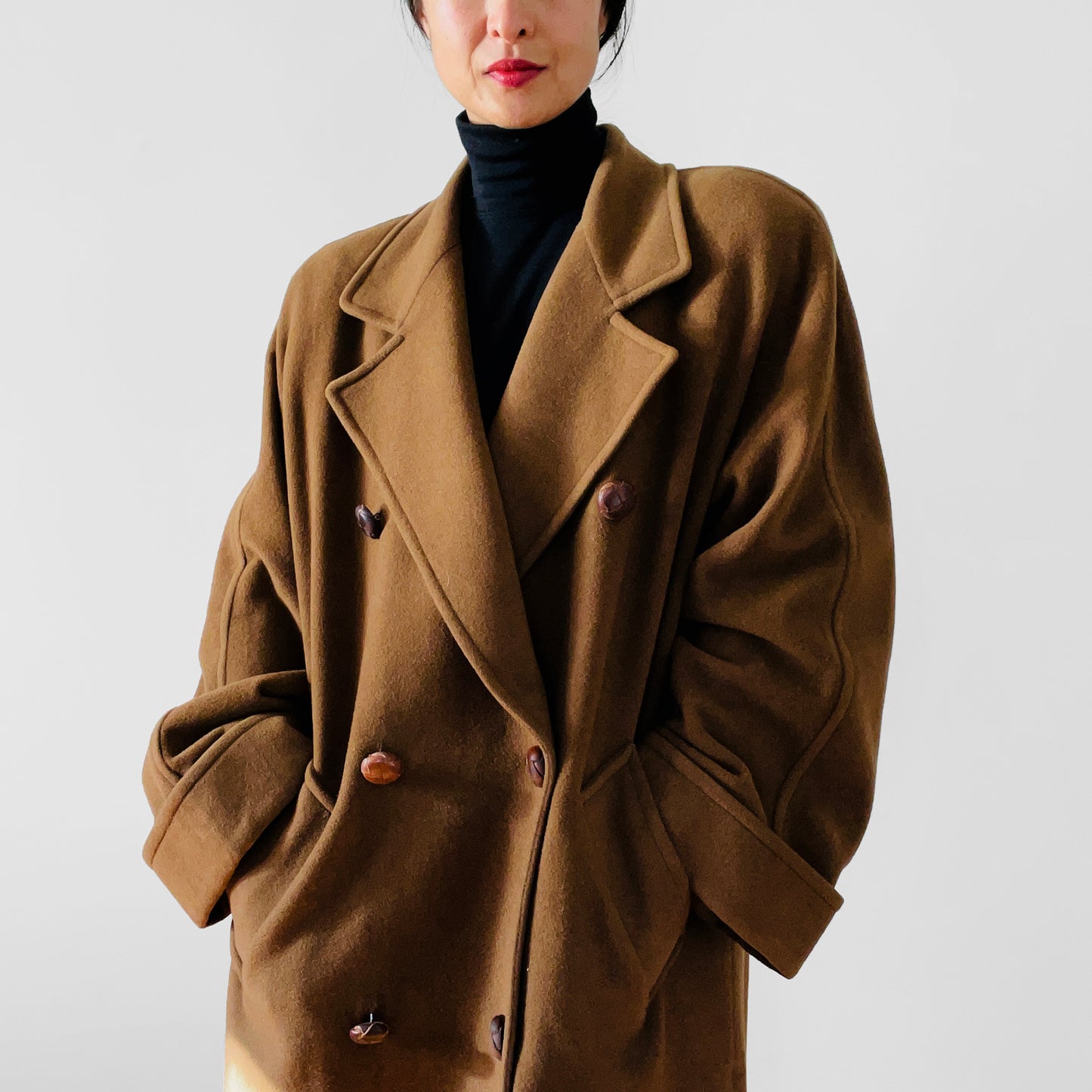 1980s Cognac Wool Cashmere Double-Breasted Overcoat - S/M/L