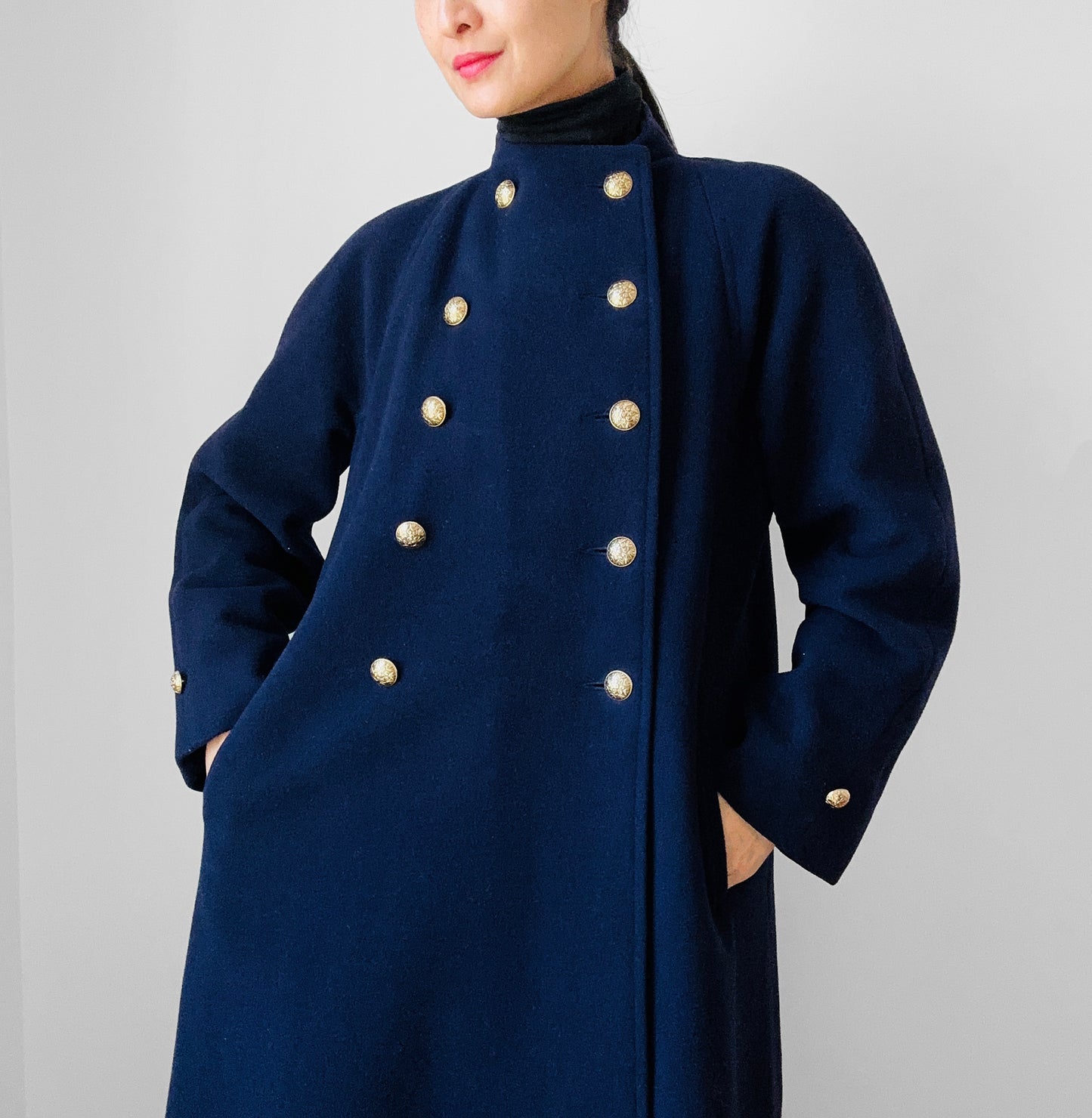 1960s Navy Blue Naval Military Style Double-Breasted Wool Coat - S/M