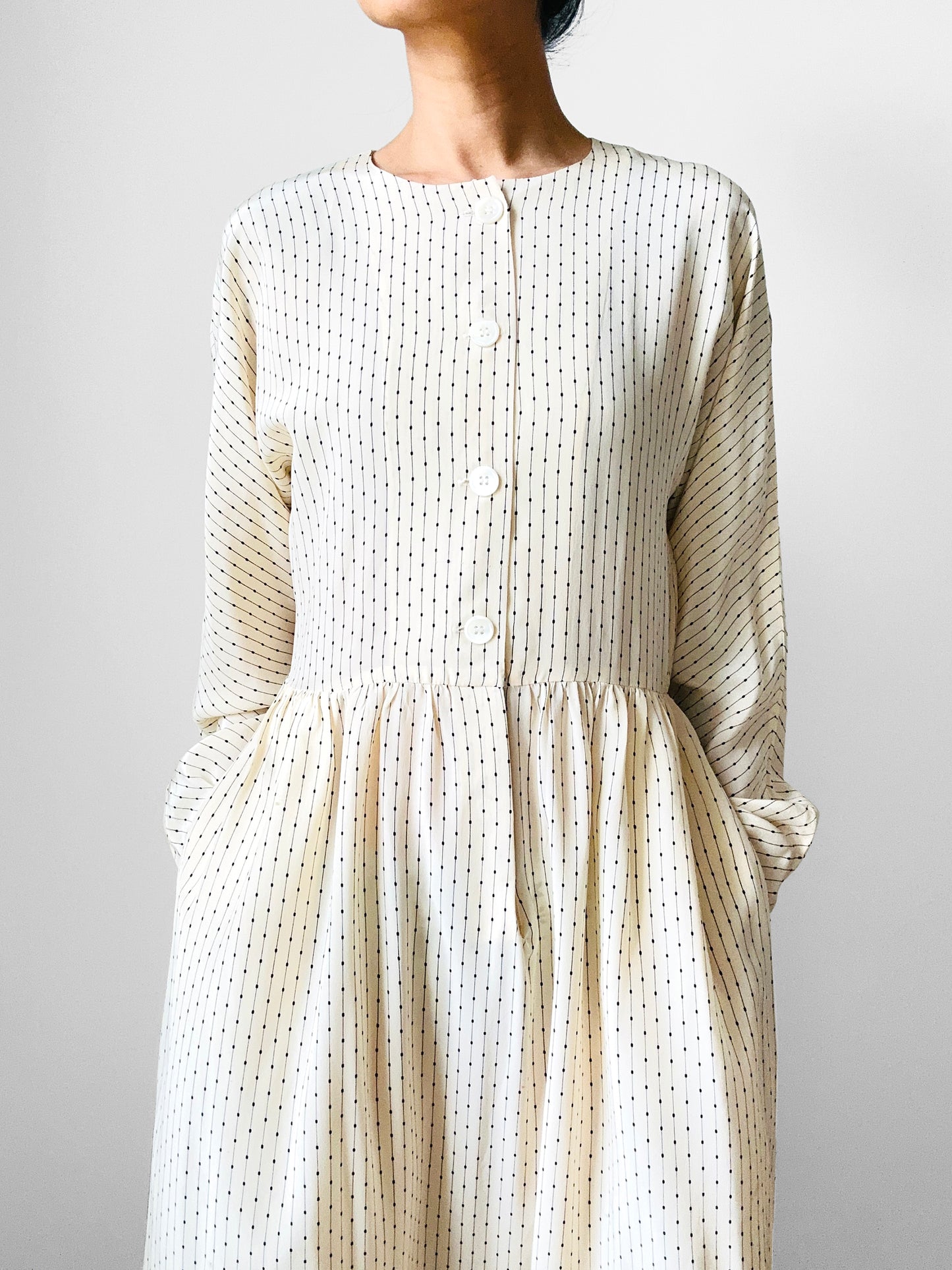 1980s Ankle Length Cream and Black Silk Patterned Button Front Dress - S/M