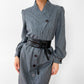 1980s Made in Canada Grey White Pinstripe Button-Front Cotton-Blend Pleated-Shoulder Dress