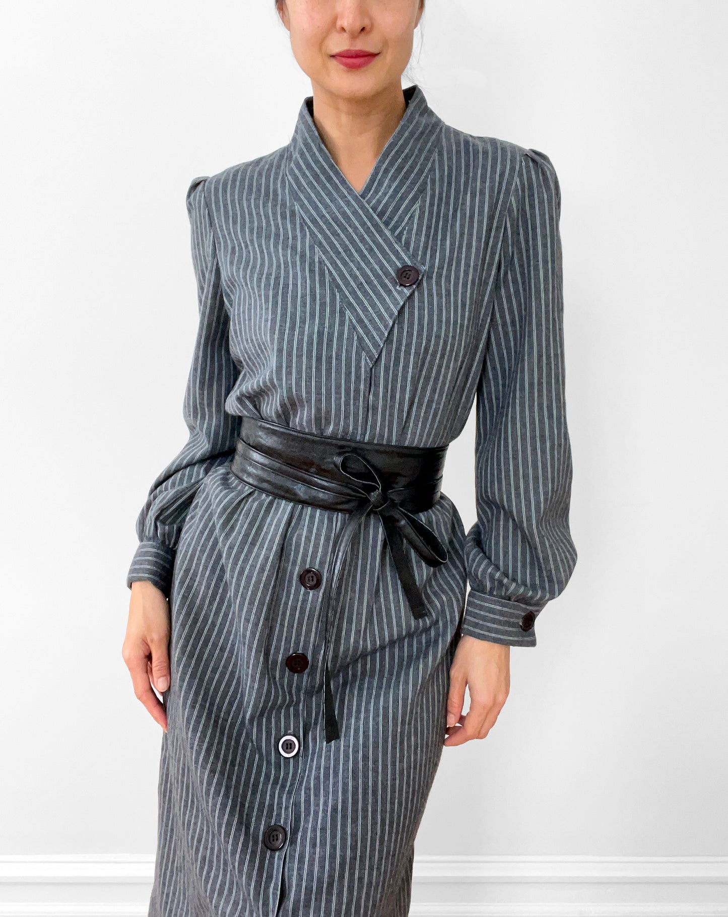 1980s Made in Canada Grey White Pinstripe Button-Front Cotton-Blend Pleated-Shoulder Dress