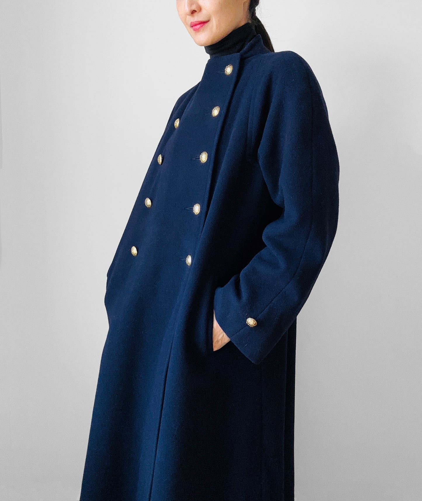 1960s Navy Blue Naval Military Style Double-Breasted Wool Coat - S/M