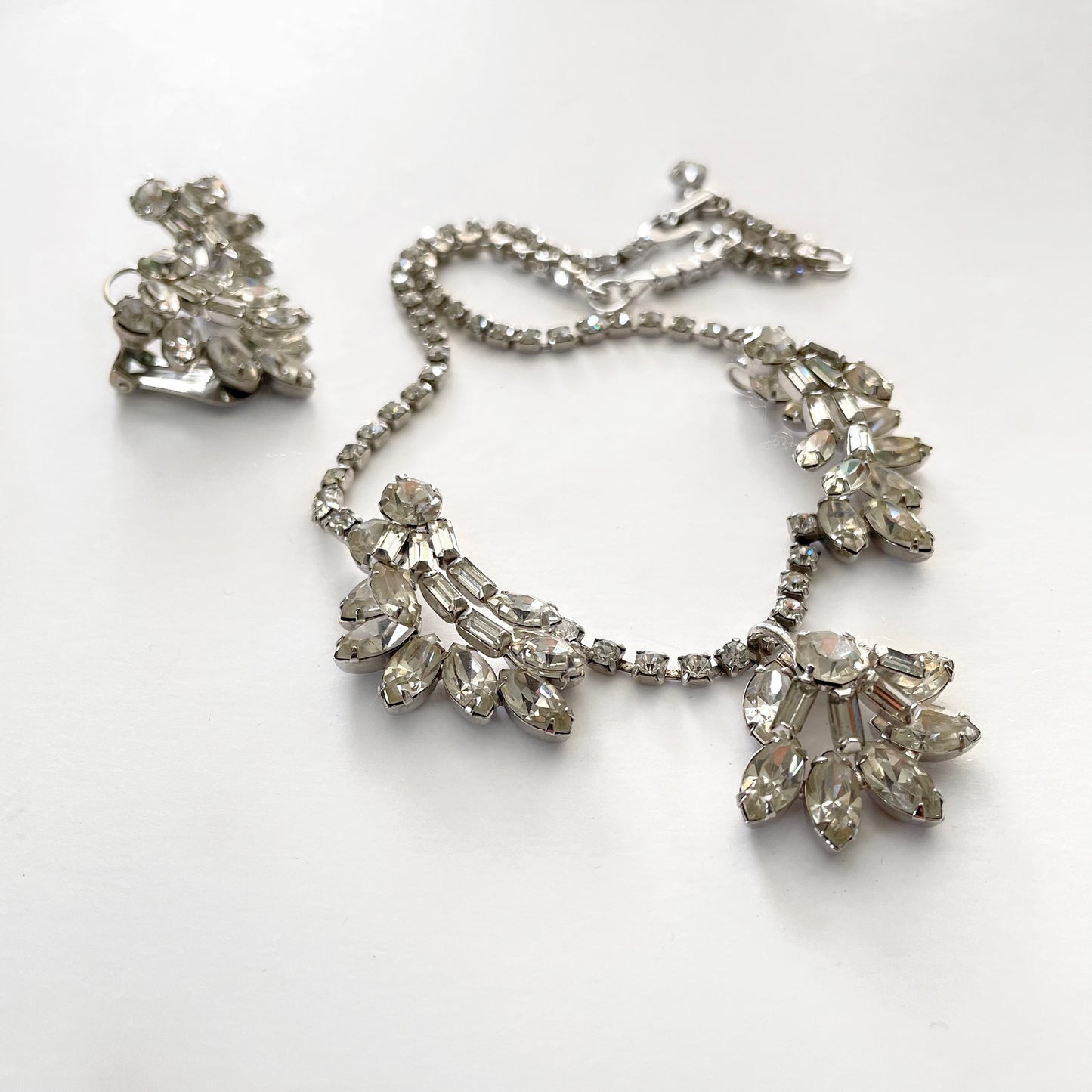 1950s Faux-Diamond Silver-Toned Necklace and Clip Earrings Set