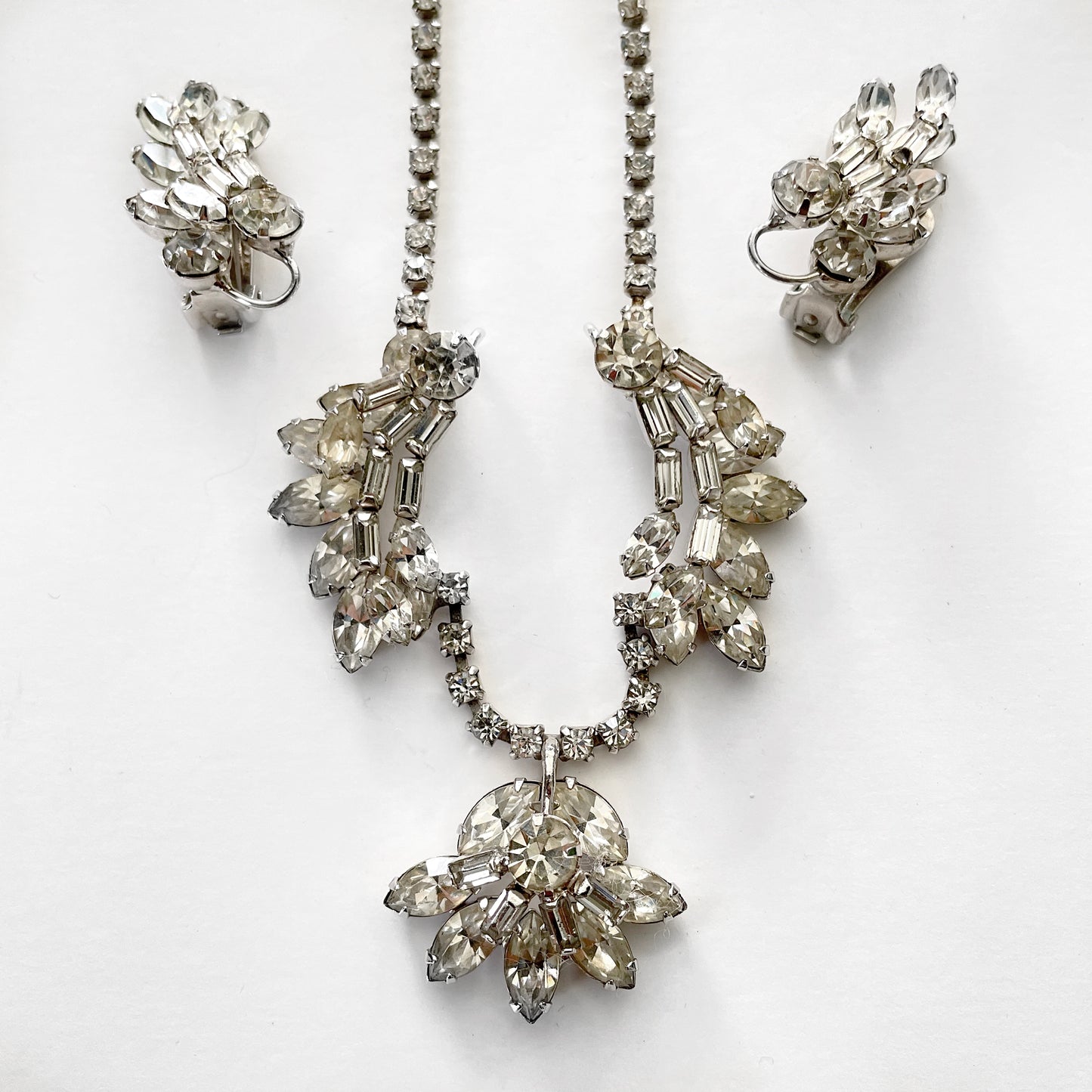 1950s Faux-Diamond Silver-Toned Necklace and Clip Earrings Set