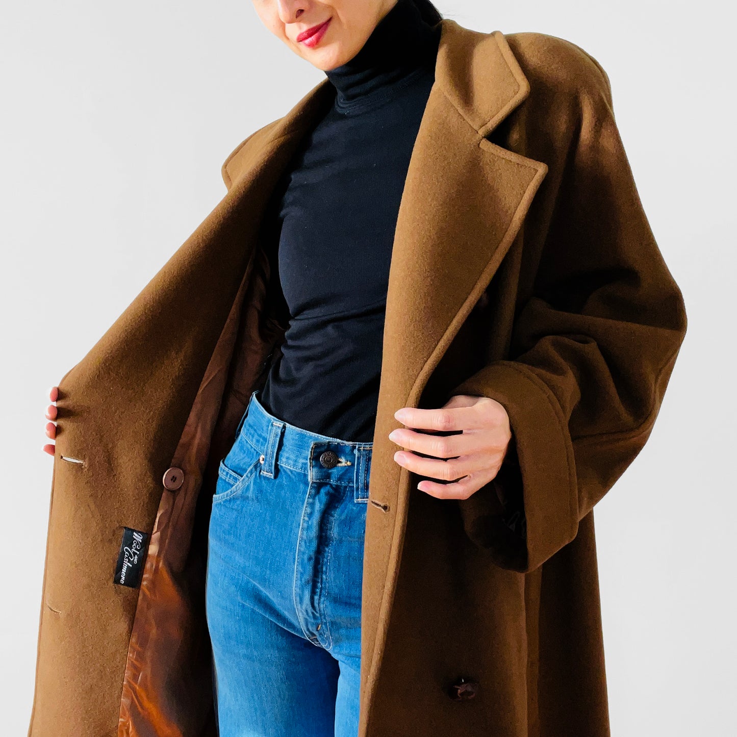 1980s Cognac Wool Cashmere Double-Breasted Overcoat - S/M/L