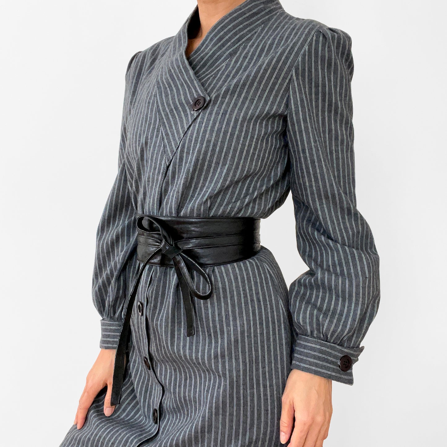 1980s Made in Canada Grey White Pinstripe Button-Front Cotton-Blend Pleated-Shoulder Dress