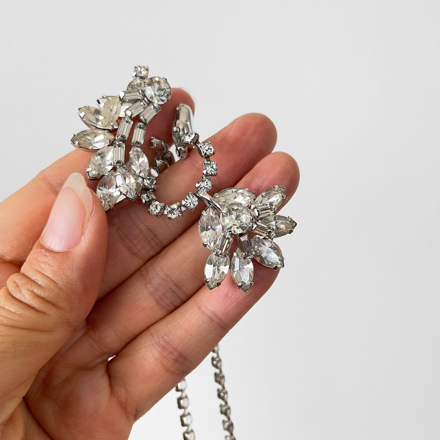 1950s Faux-Diamond Silver-Toned Necklace and Clip Earrings Set