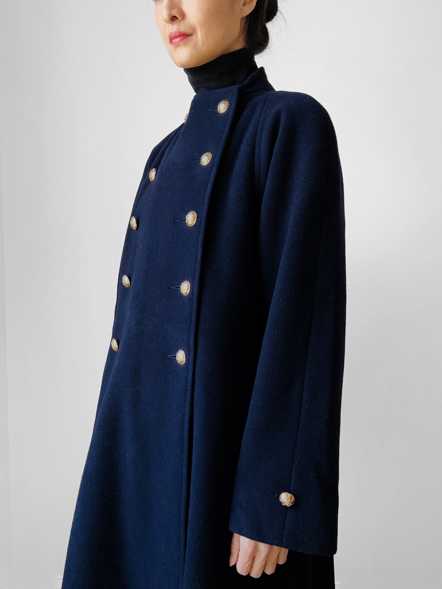 1960s Navy Blue Naval Military Style Double-Breasted Wool Coat - S/M