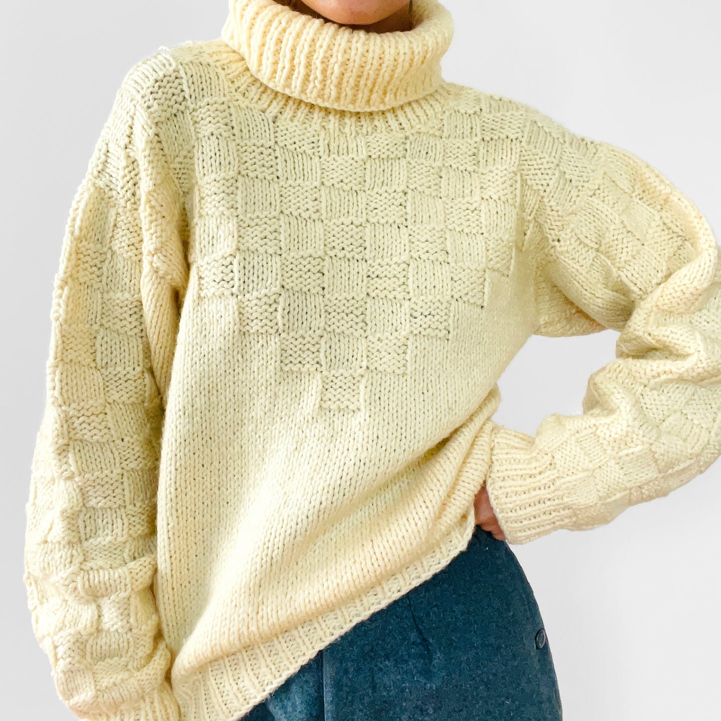 Cream Butter-Yellow Hand-Knit Handmade Turtleneck Pullover Jumper Sweater