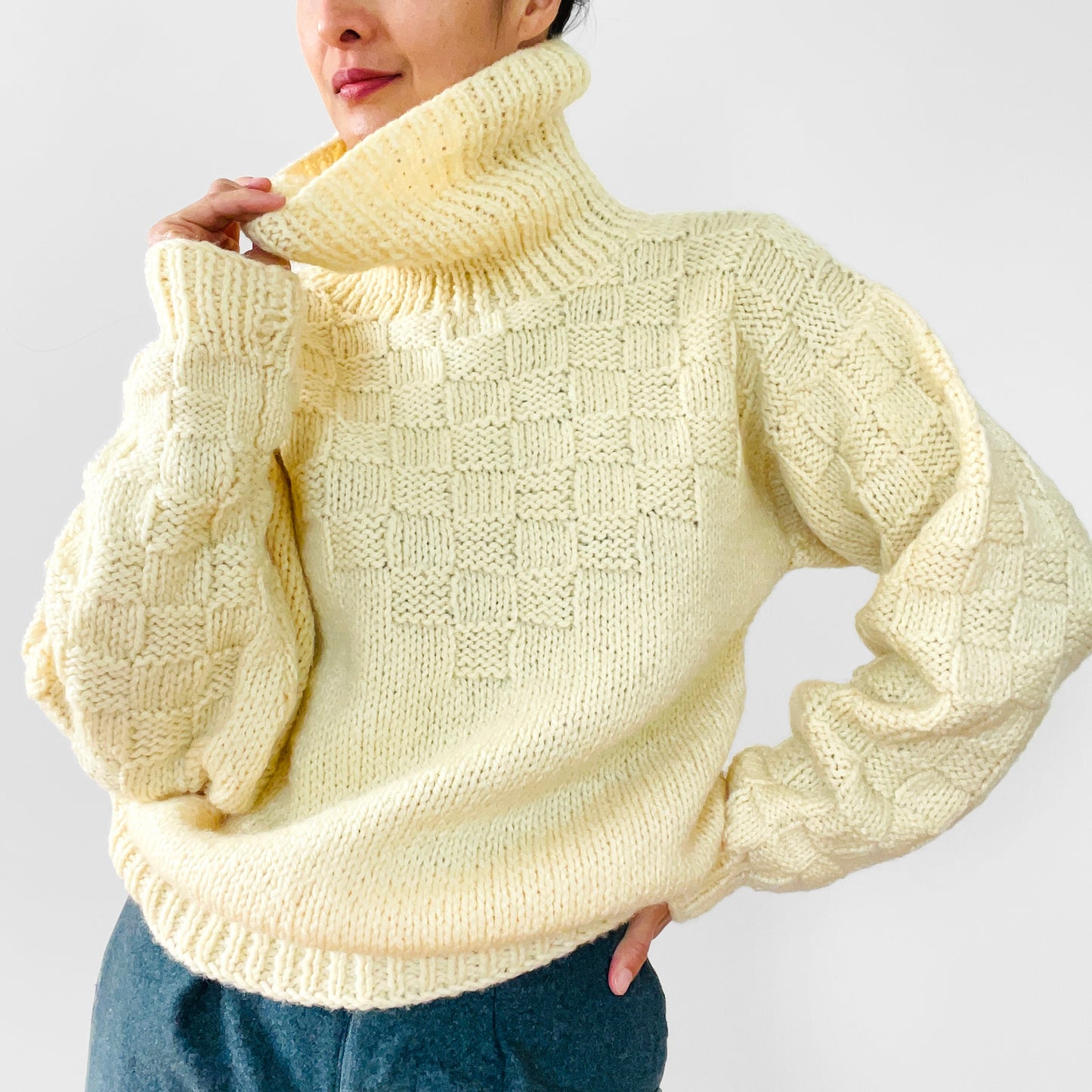 Cream Butter-Yellow Hand-Knit Handmade Turtleneck Pullover Jumper Sweater