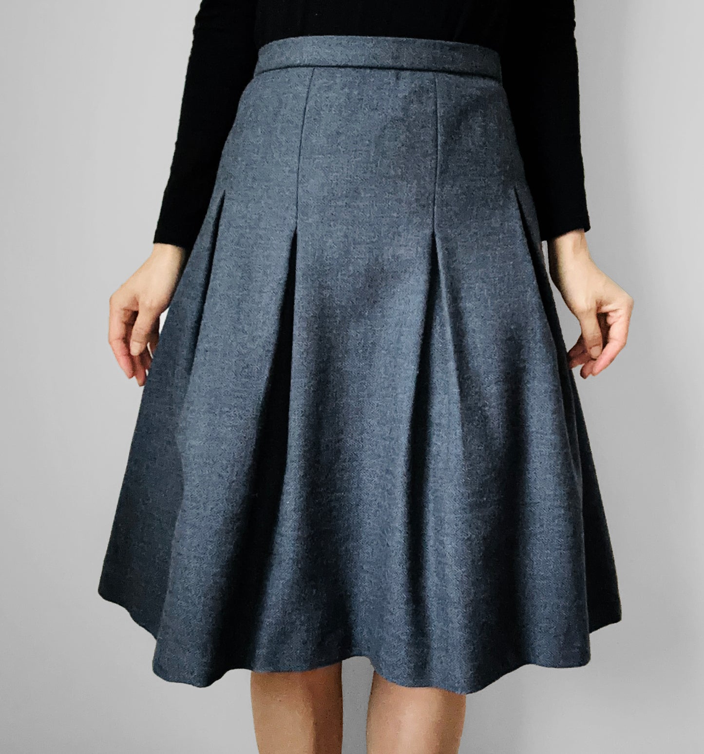 1960s Slate Blue Grey Inverted Pleat Fit and Flare Wool Lined Skirt - XL/XXL