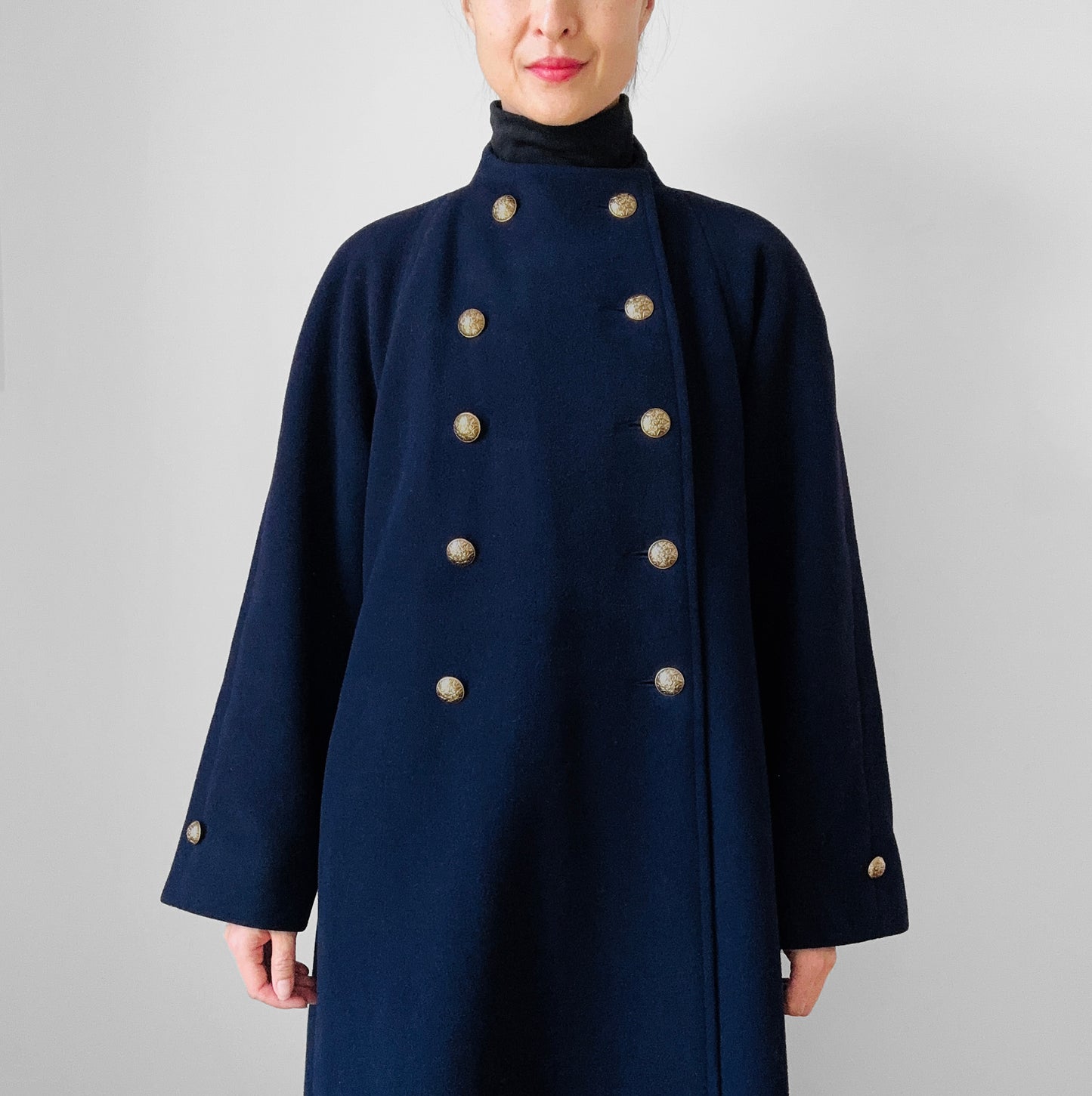 1960s Navy Blue Naval Military Style Double-Breasted Wool Coat - S/M