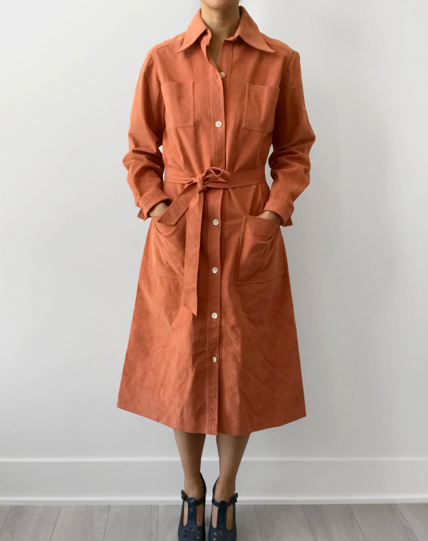 1970s Peachy Water-Resistant Breathable Button-Up Micro Suede Dress