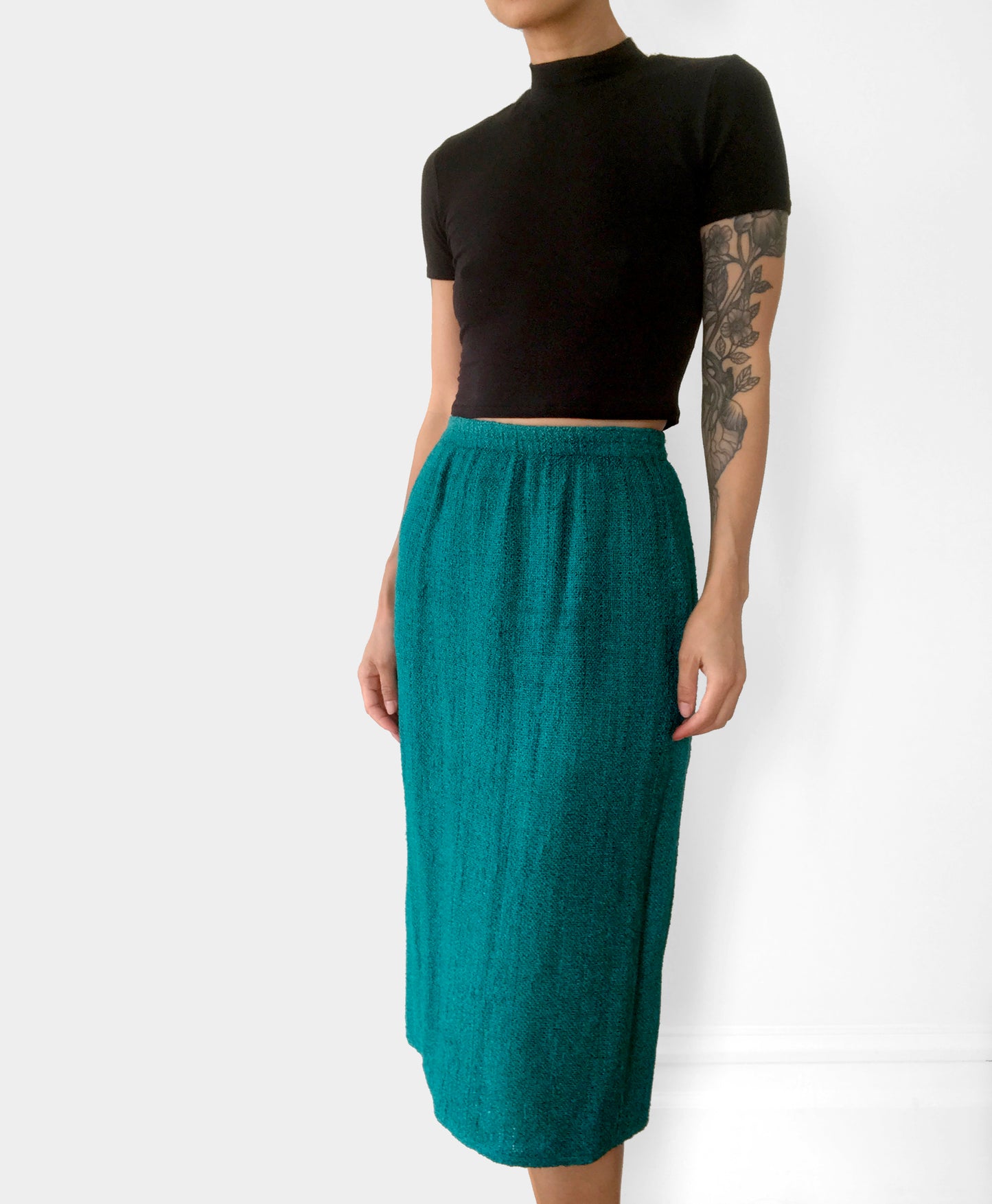 1970s Teal Woven Silk Knit Elastic-Waist Fitted Skirt