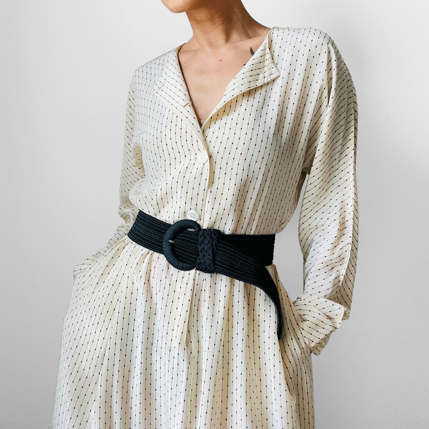 1980s Ankle Length Cream and Black Silk Patterned Button Front Dress - S/M