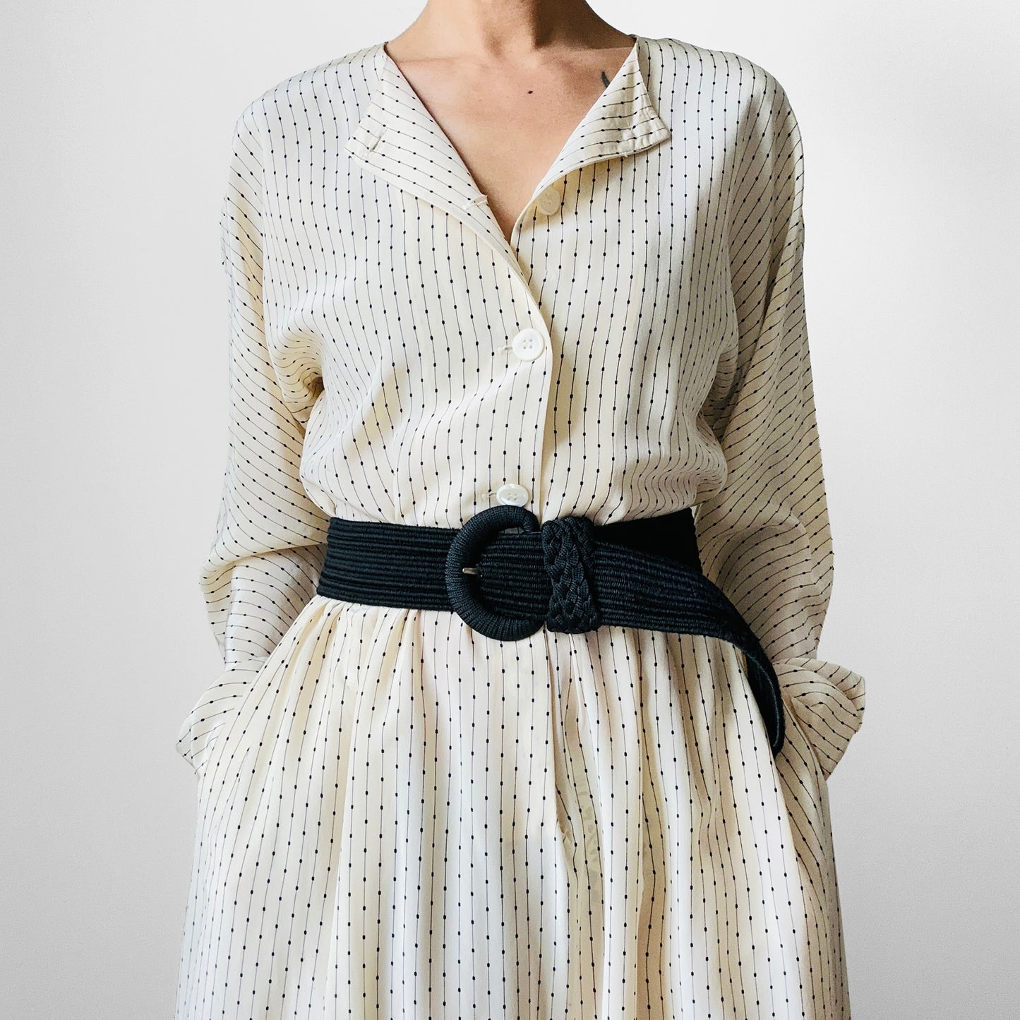 1980s Ankle Length Cream and Black Silk Patterned Button Front Dress - S/M