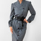 1980s Made in Canada Grey White Pinstripe Button-Front Cotton-Blend Pleated-Shoulder Dress