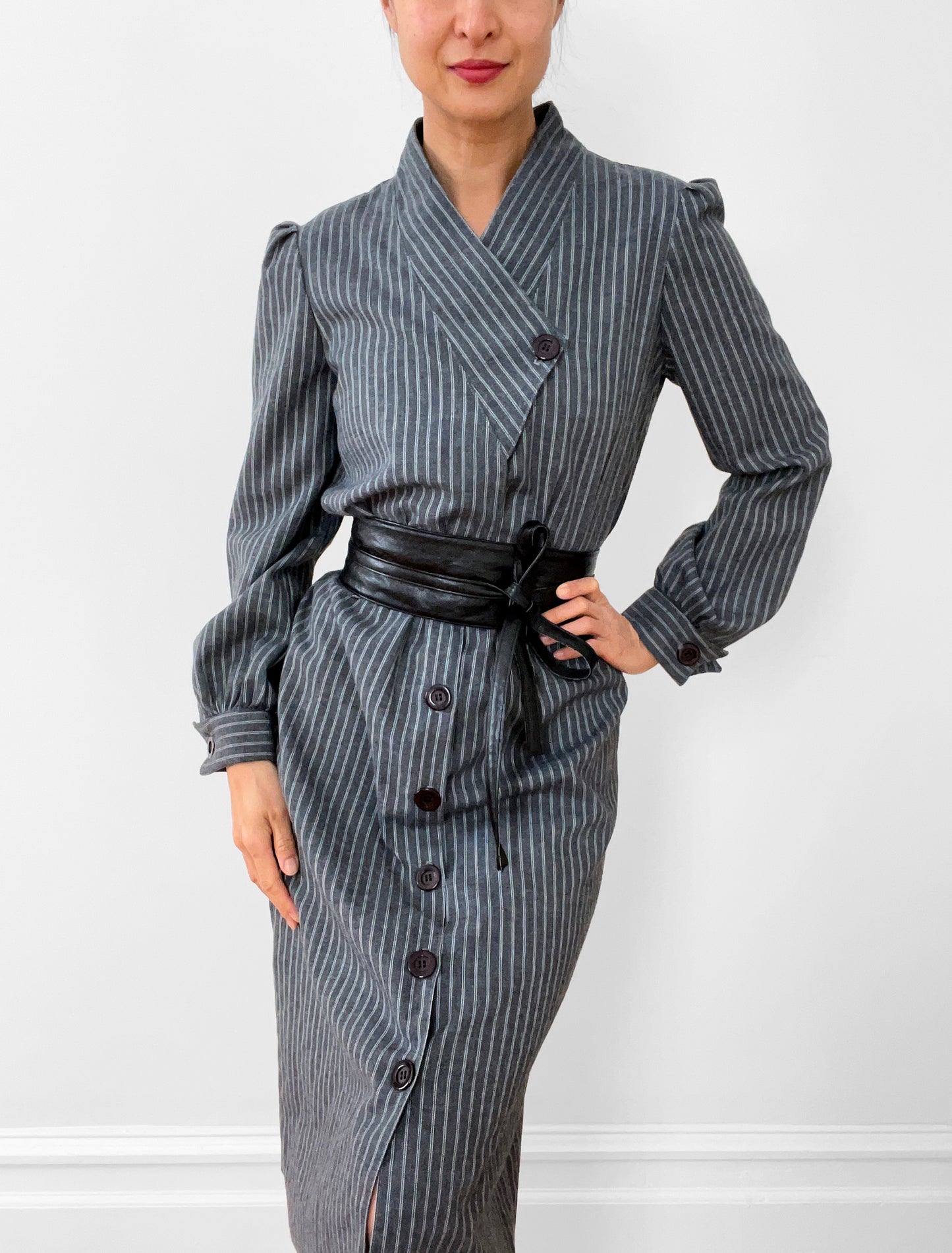 1980s Made in Canada Grey White Pinstripe Button-Front Cotton-Blend Pleated-Shoulder Dress