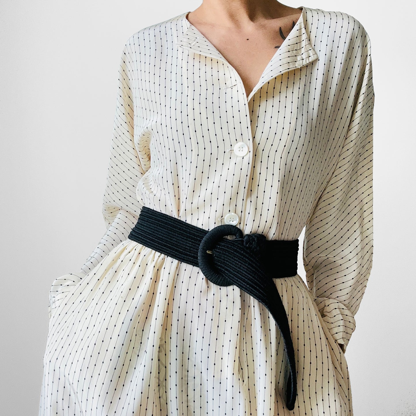 1980s Ankle Length Cream and Black Silk Patterned Button Front Dress - S/M