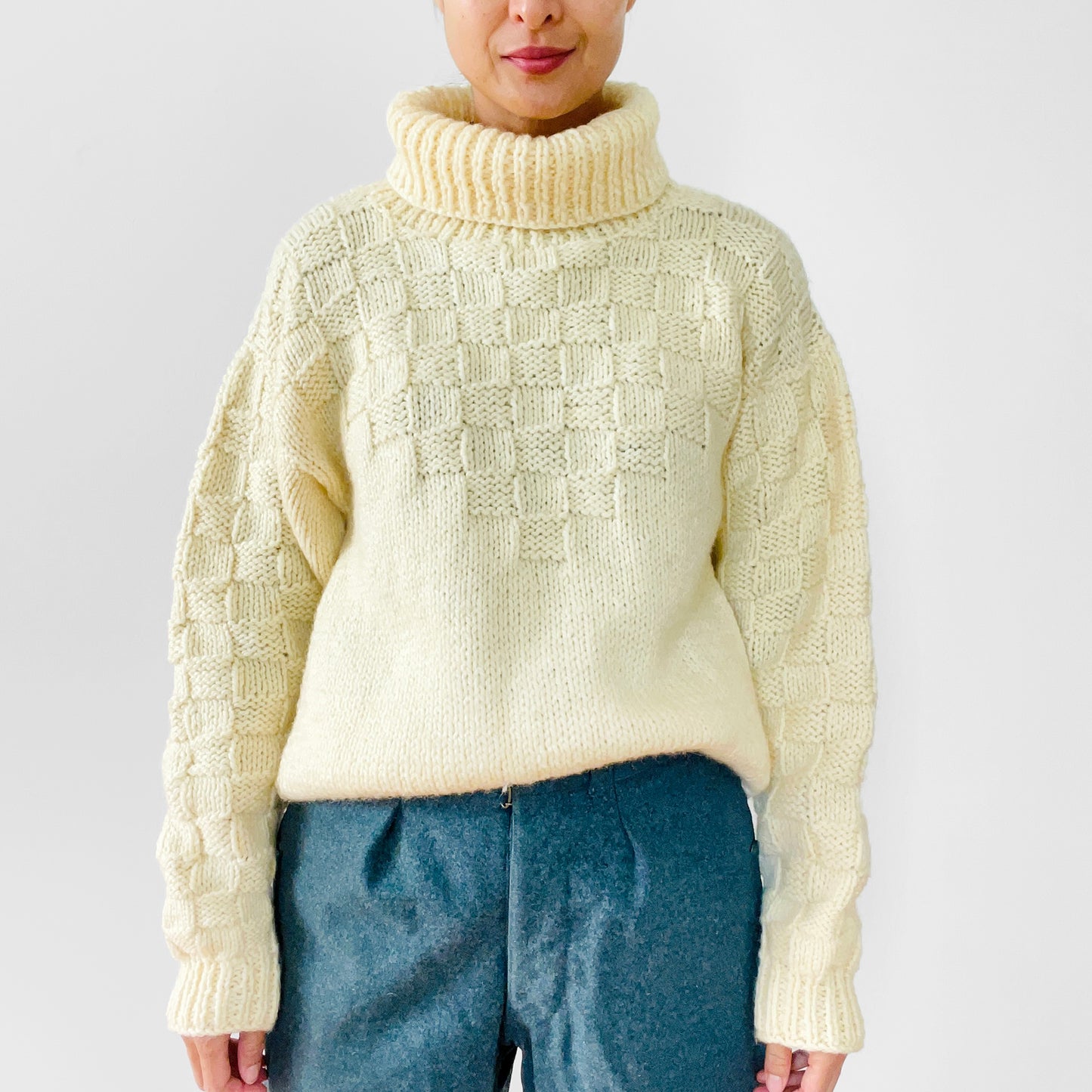 Cream Butter-Yellow Hand-Knit Handmade Turtleneck Pullover Jumper Sweater