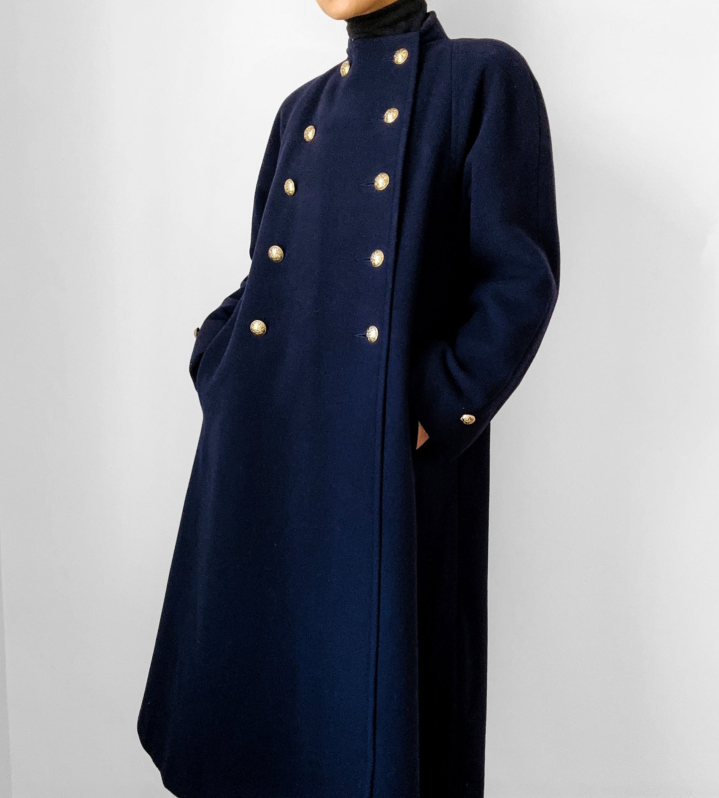 1960s Navy Blue Naval Military Style Double-Breasted Wool Coat - S/M