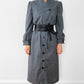 1980s Made in Canada Grey White Pinstripe Button-Front Cotton-Blend Pleated-Shoulder Dress