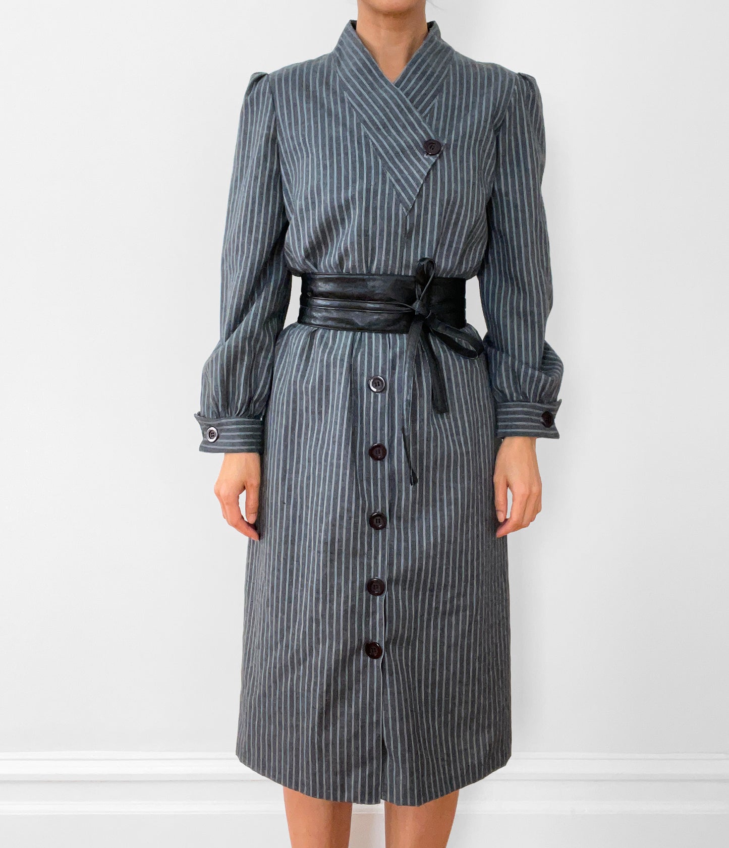 1980s Made in Canada Grey White Pinstripe Button-Front Cotton-Blend Pleated-Shoulder Dress