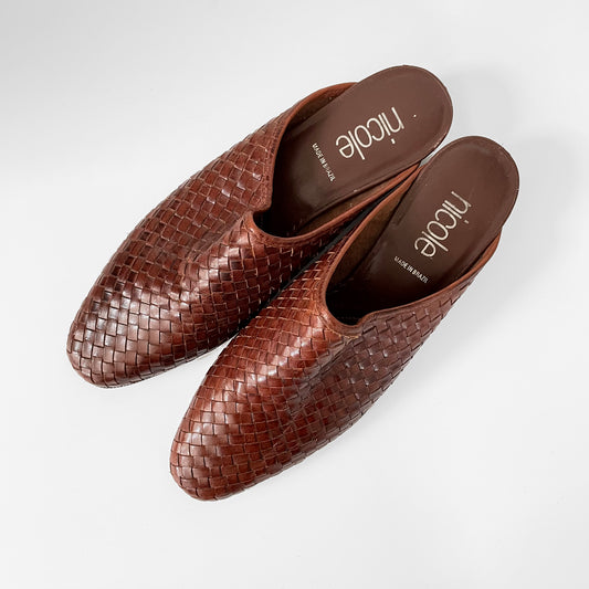 1990s Saddle Brown Woven Leather Low-Heel Slip-On Flats