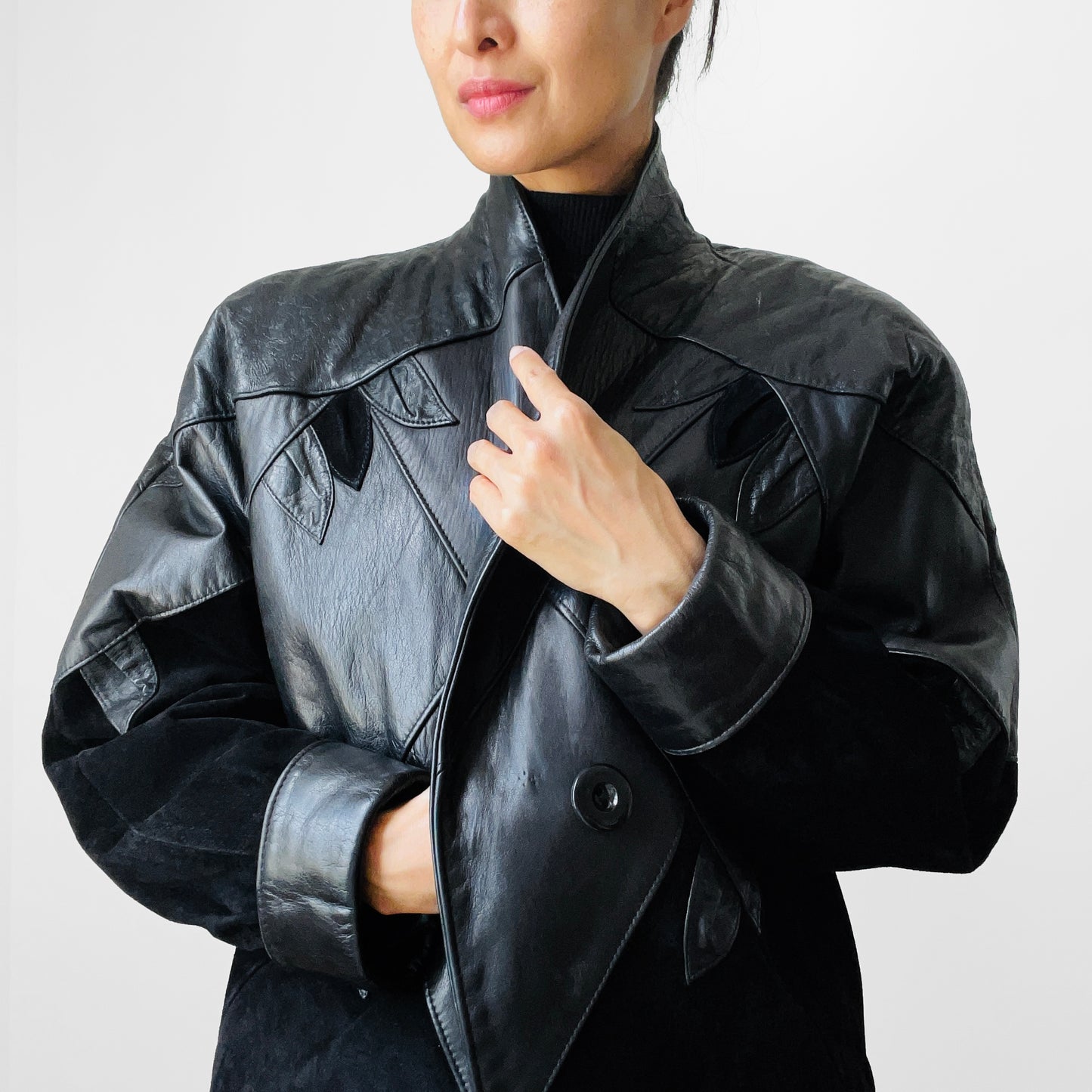 1980s Black Suede and Leather Leaf Embellished Jacket