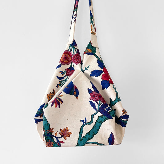 Upcycled Made-By-Me Vintage Handmade Botanical Birds Patterned Origami Tote Bag