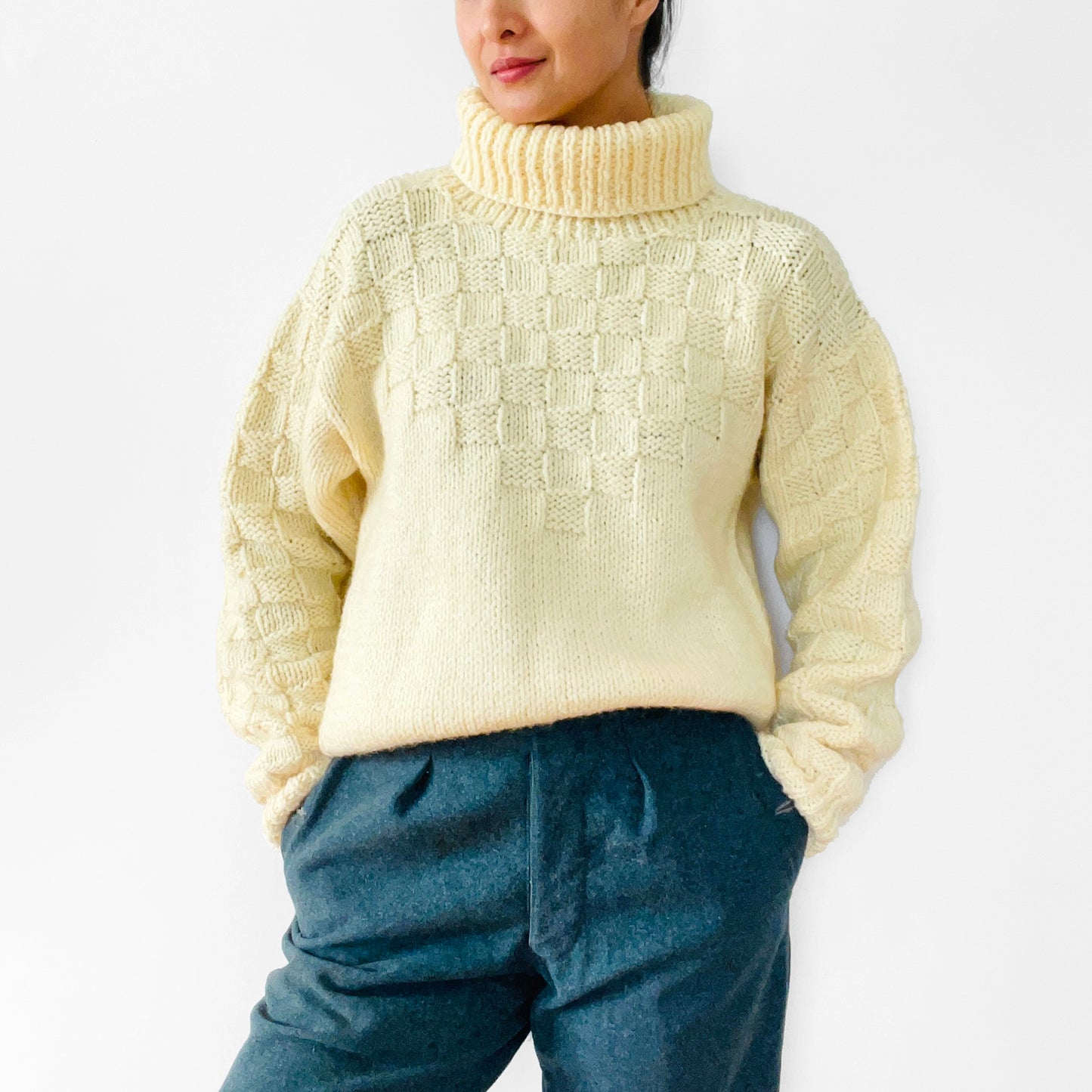 Cream Butter-Yellow Hand-Knit Handmade Turtleneck Pullover Jumper Sweater