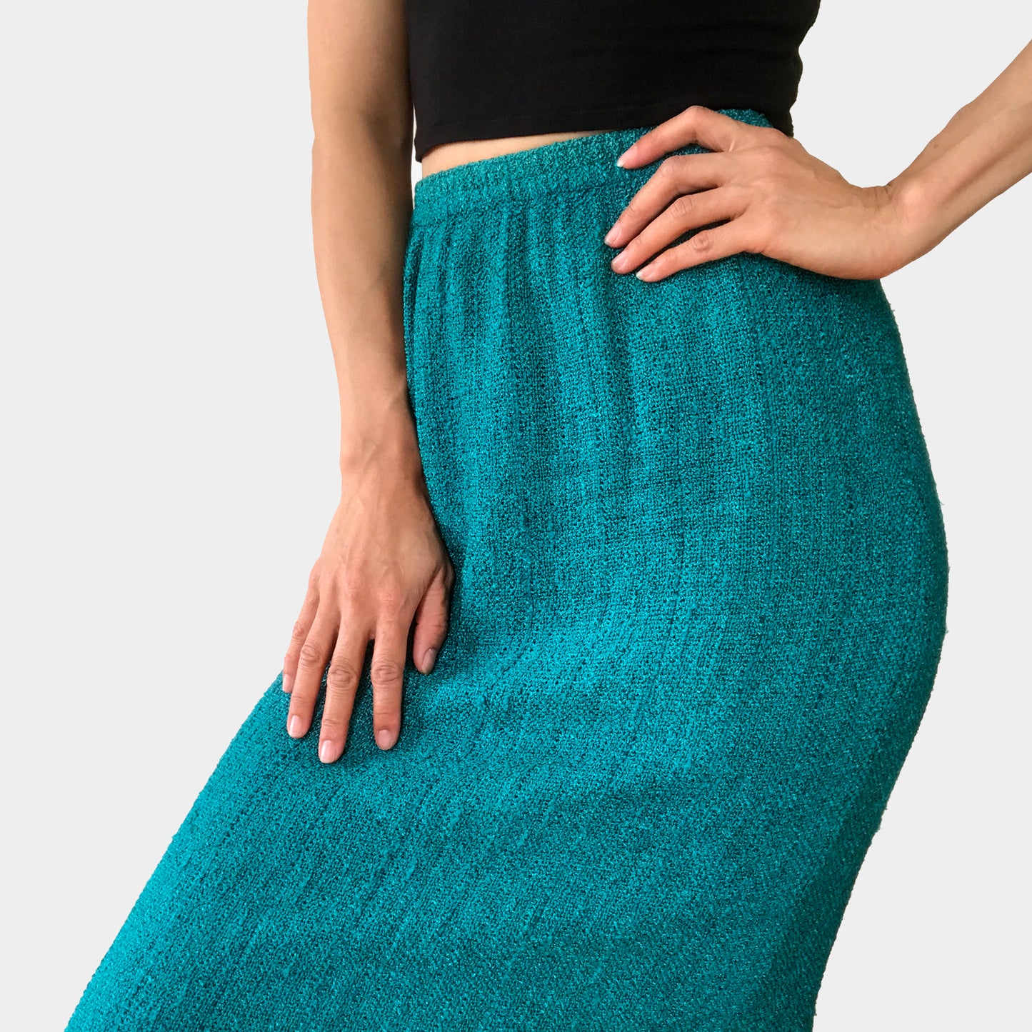 1970s Teal Woven Silk Knit Elastic-Waist Fitted Skirt