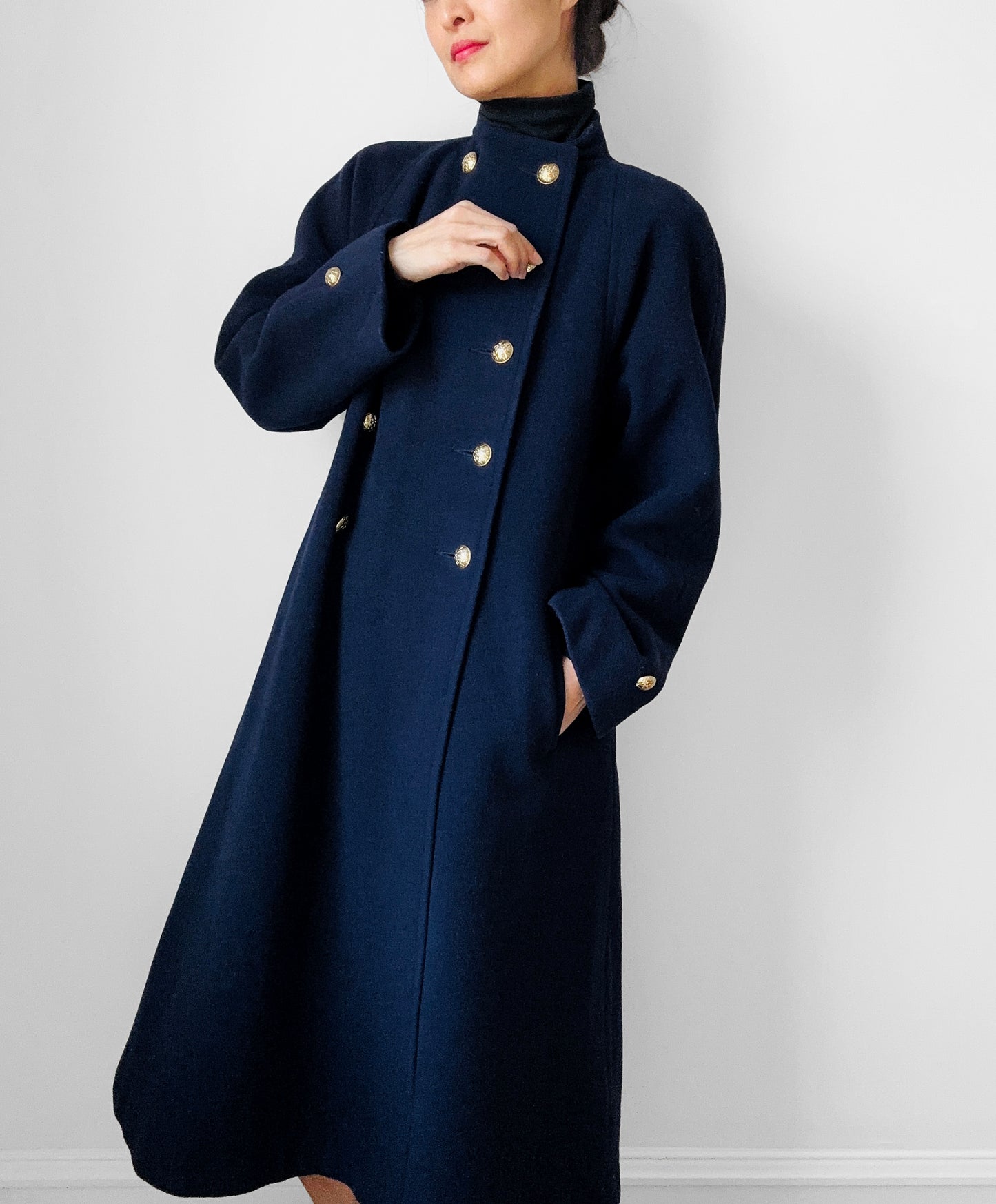 1960s Navy Blue Naval Military Style Double-Breasted Wool Coat - S/M