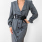 1980s Made in Canada Grey White Pinstripe Button-Front Cotton-Blend Pleated-Shoulder Dress