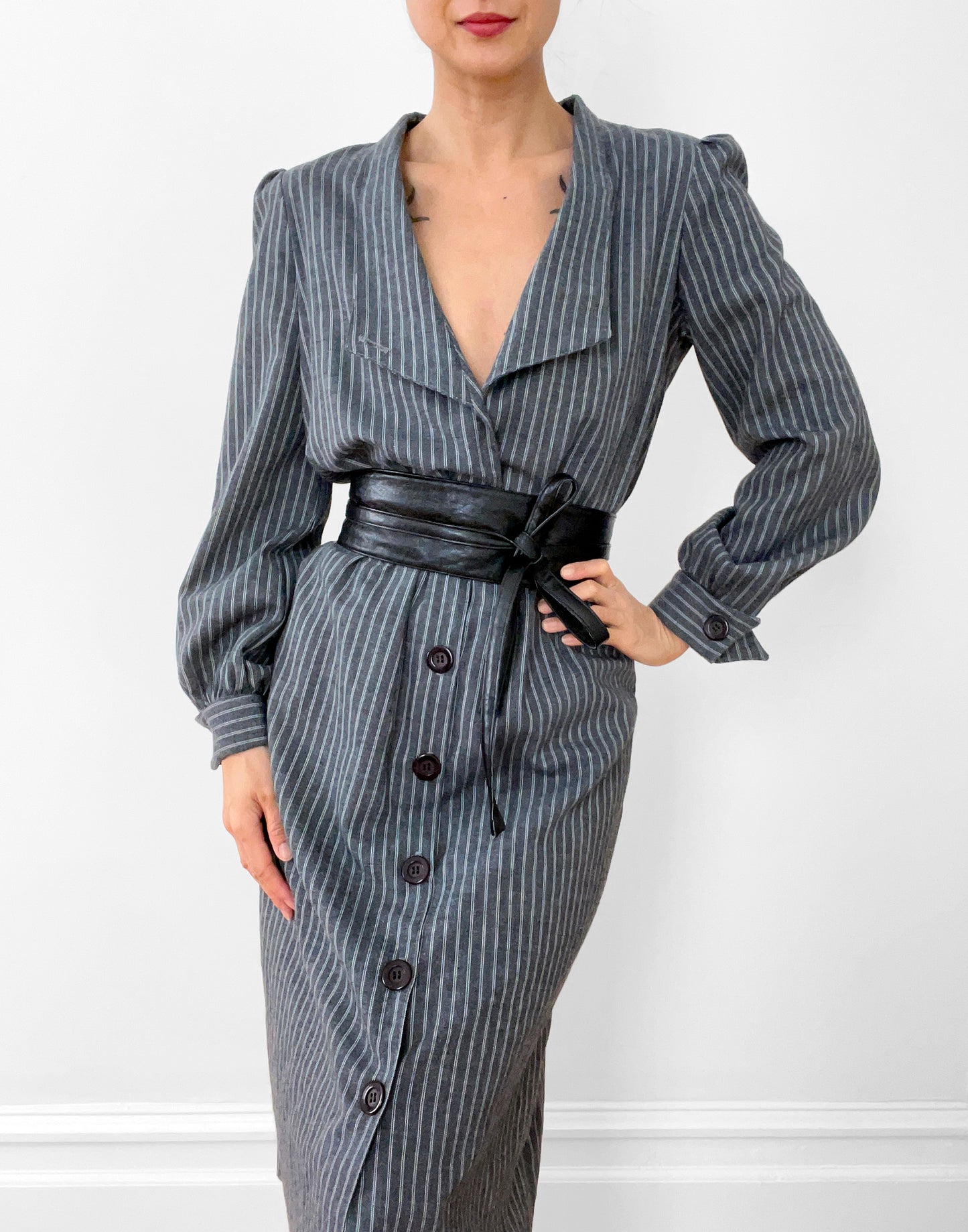 1980s Made in Canada Grey White Pinstripe Button-Front Cotton-Blend Pleated-Shoulder Dress