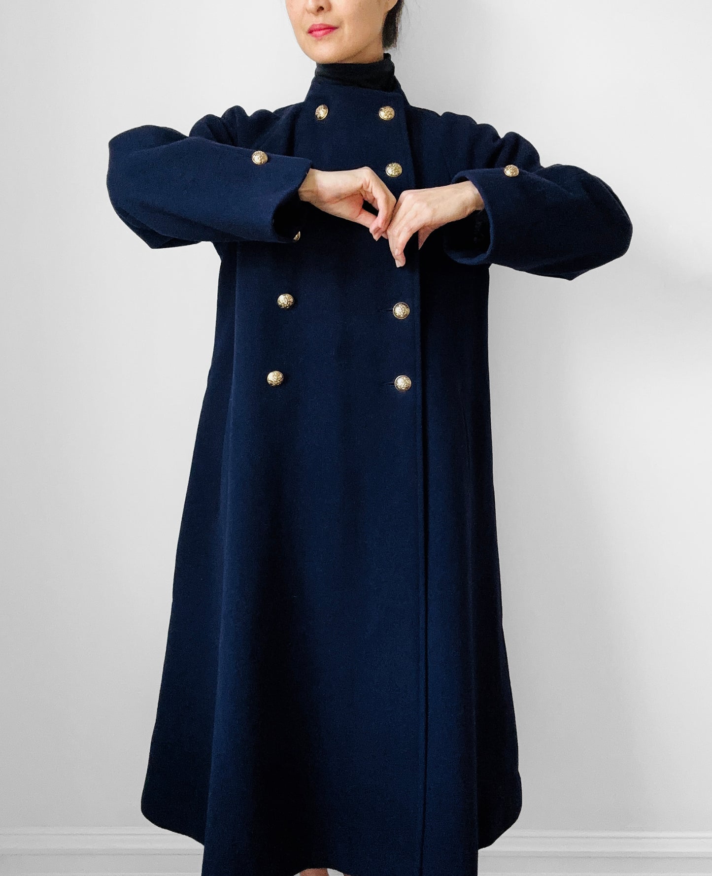 1960s Navy Blue Naval Military Style Double-Breasted Wool Coat - S/M