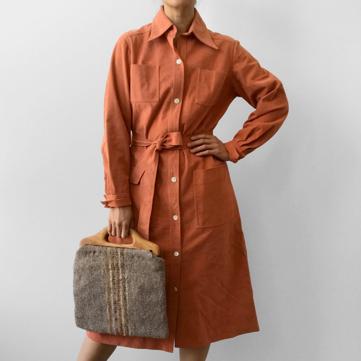 1970s Peachy Water-Resistant Breathable Button-Up Micro Suede Dress