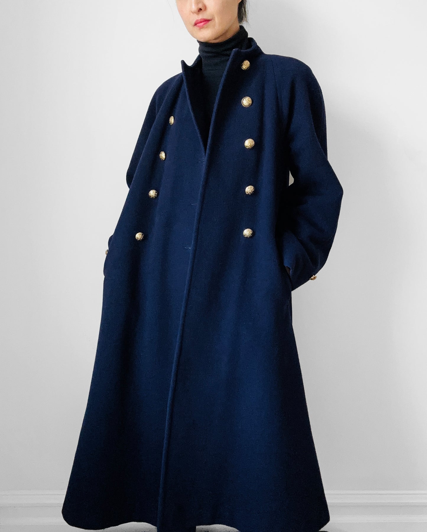 1960s Navy Blue Naval Military Style Double-Breasted Wool Coat - S/M