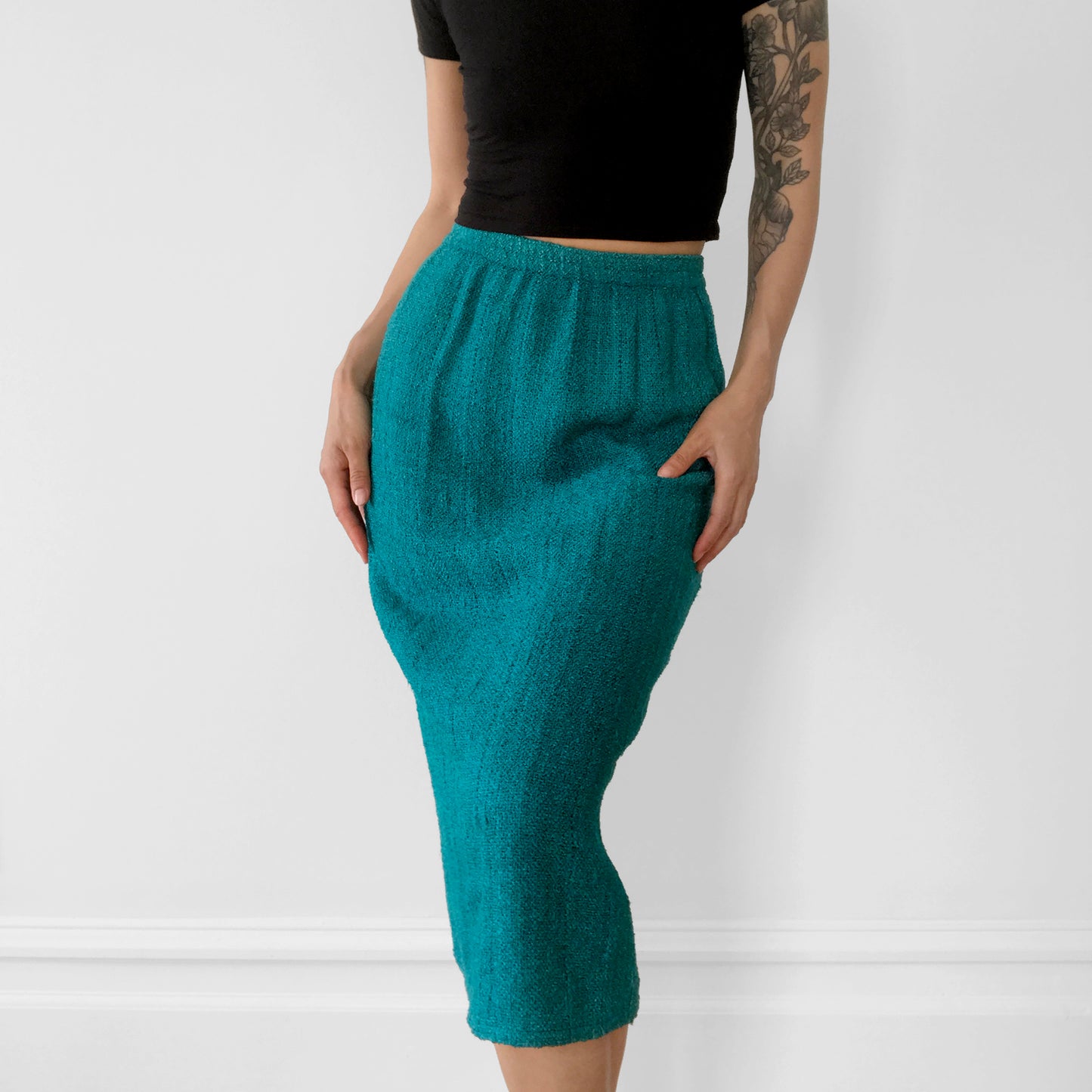 1970s Teal Woven Silk Knit Elastic-Waist Fitted Skirt