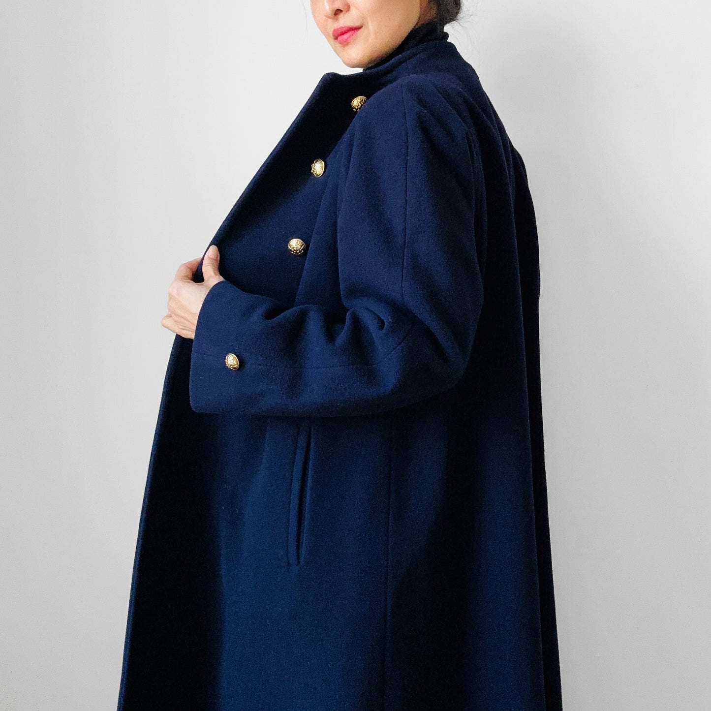 1960s Navy Blue Naval Military Style Double-Breasted Wool Coat - S/M