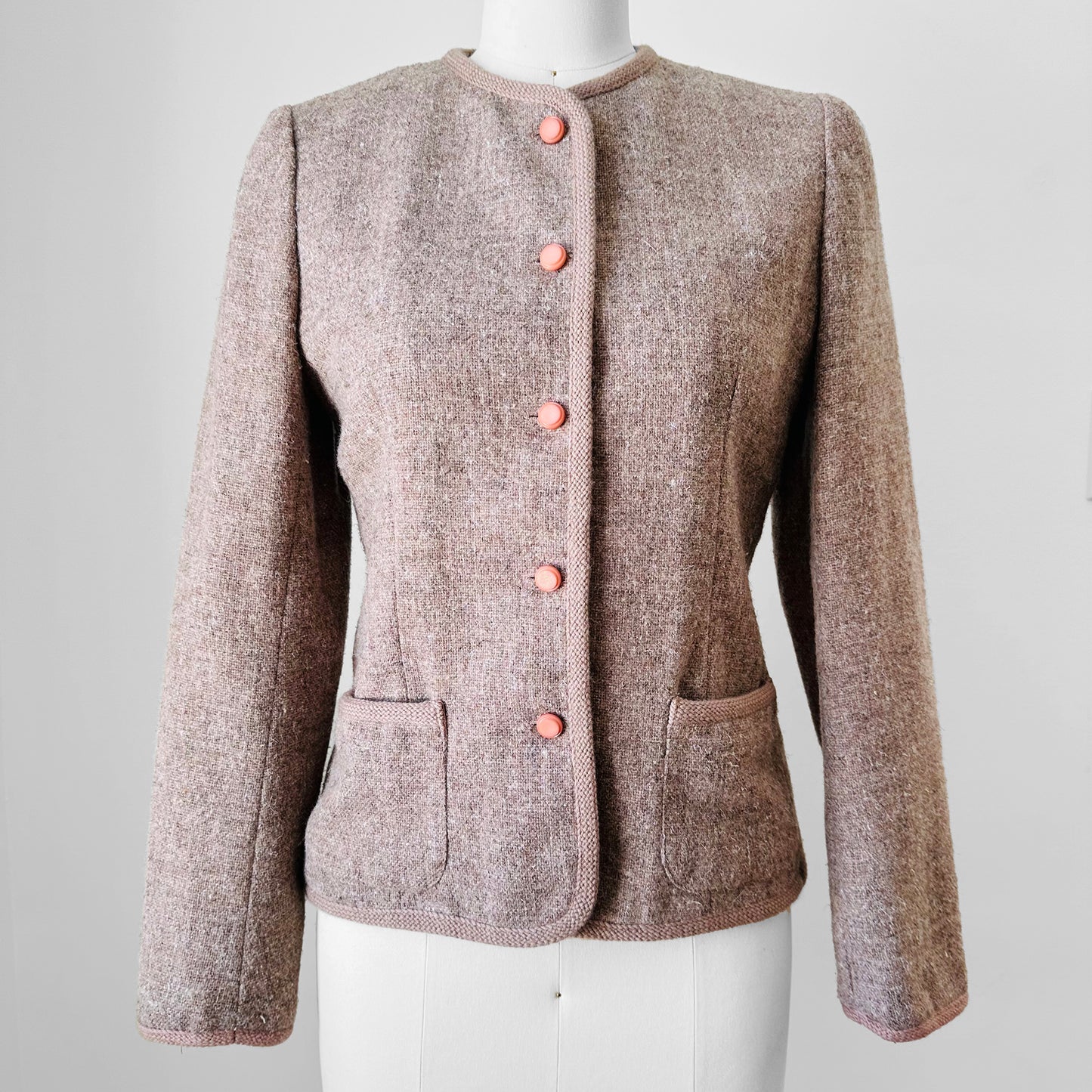 1960s - 1970s Beige Grey Oatmeal Tone Fitted Short-Waisted Trimmed Wool Blend Jacket Blazer - XS/S