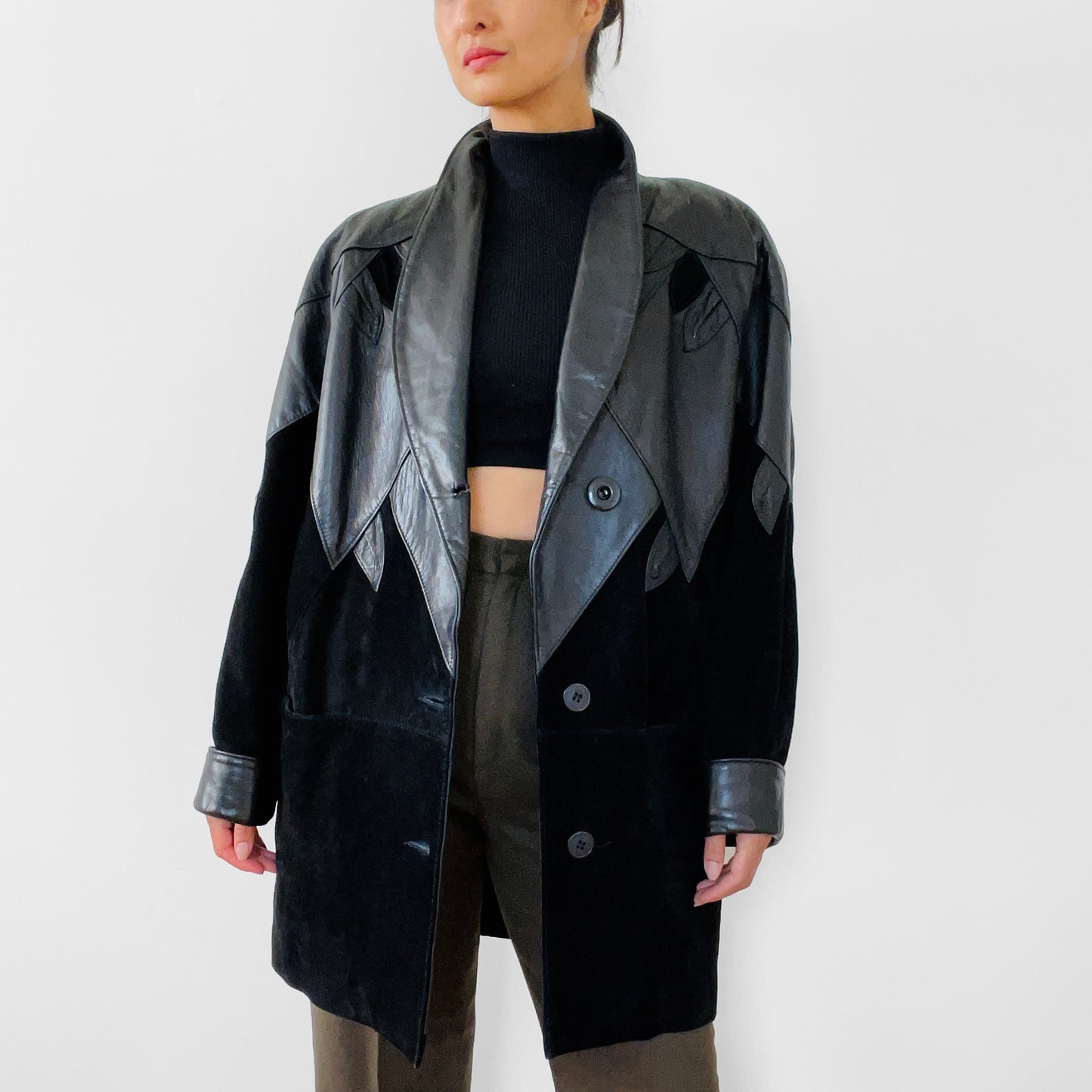 1980s Black Suede and Leather Leaf Embellished Jacket